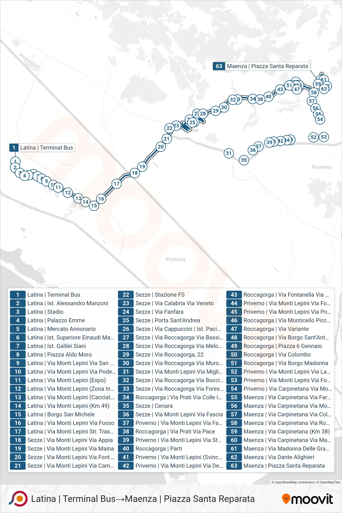 Linea COTRAL  bus (Latina | Terminal Bus‎→Maenza | Piazza Santa Reparata) - Percorsi e fermate sulla mappa