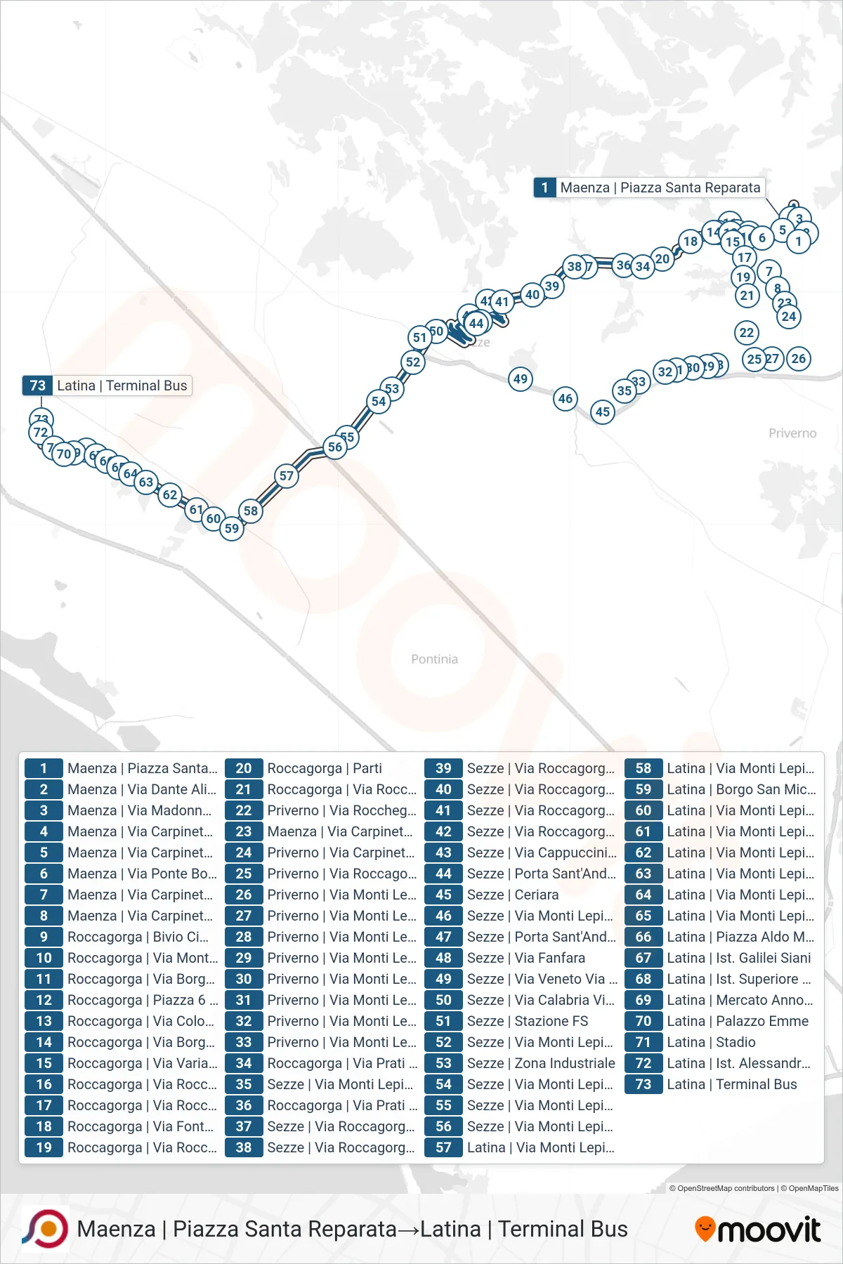 Linea COTRAL  bus (Maenza | Piazza Santa Reparata‎→Latina | Terminal Bus) - Percorsi e fermate sulla mappa