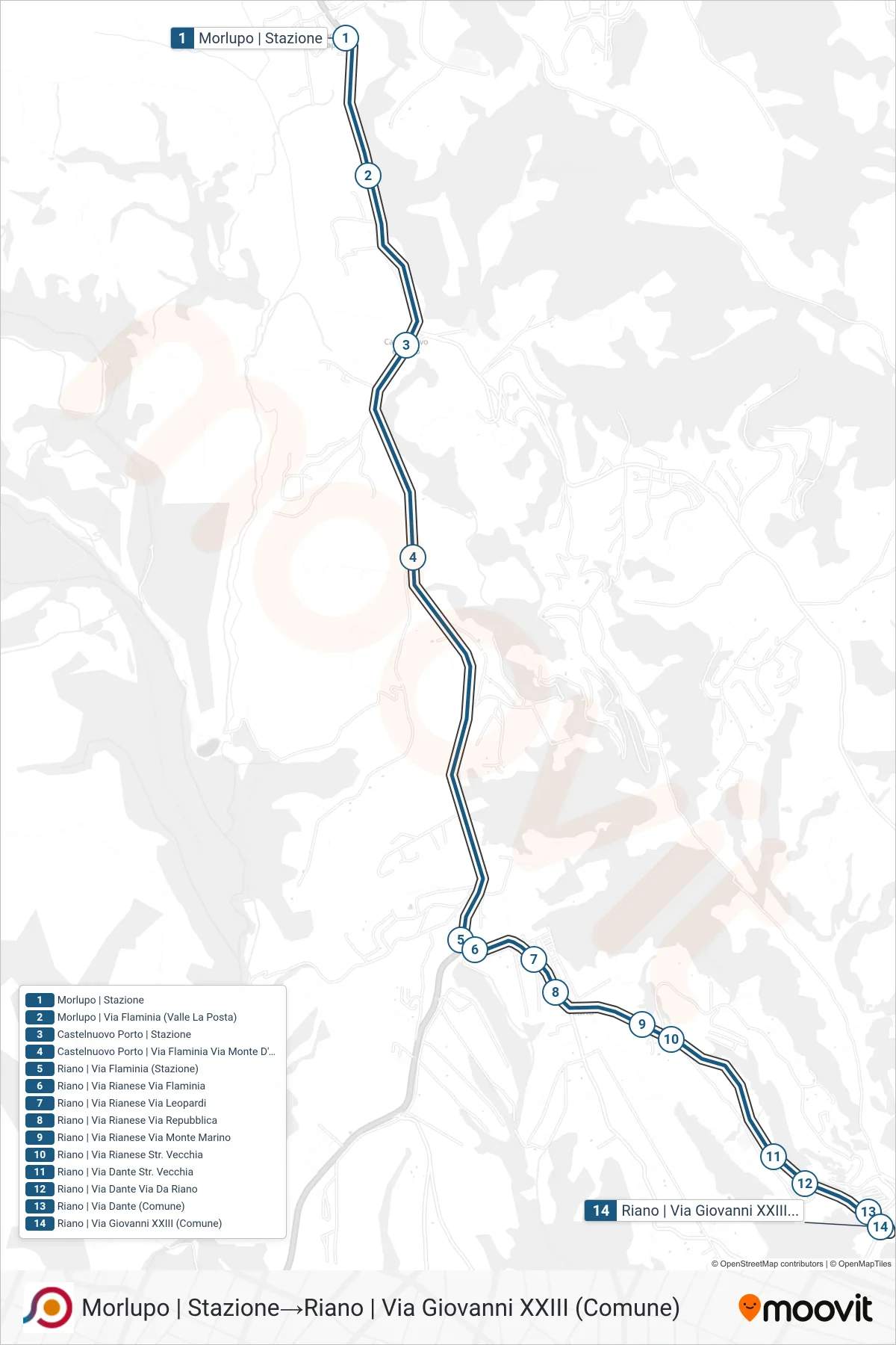 Linea COTRAL bus (Morlupo | Stazione→Riano | Via Giovanni XXIII (Comune)) - Percorsi e fermate sulla mappa