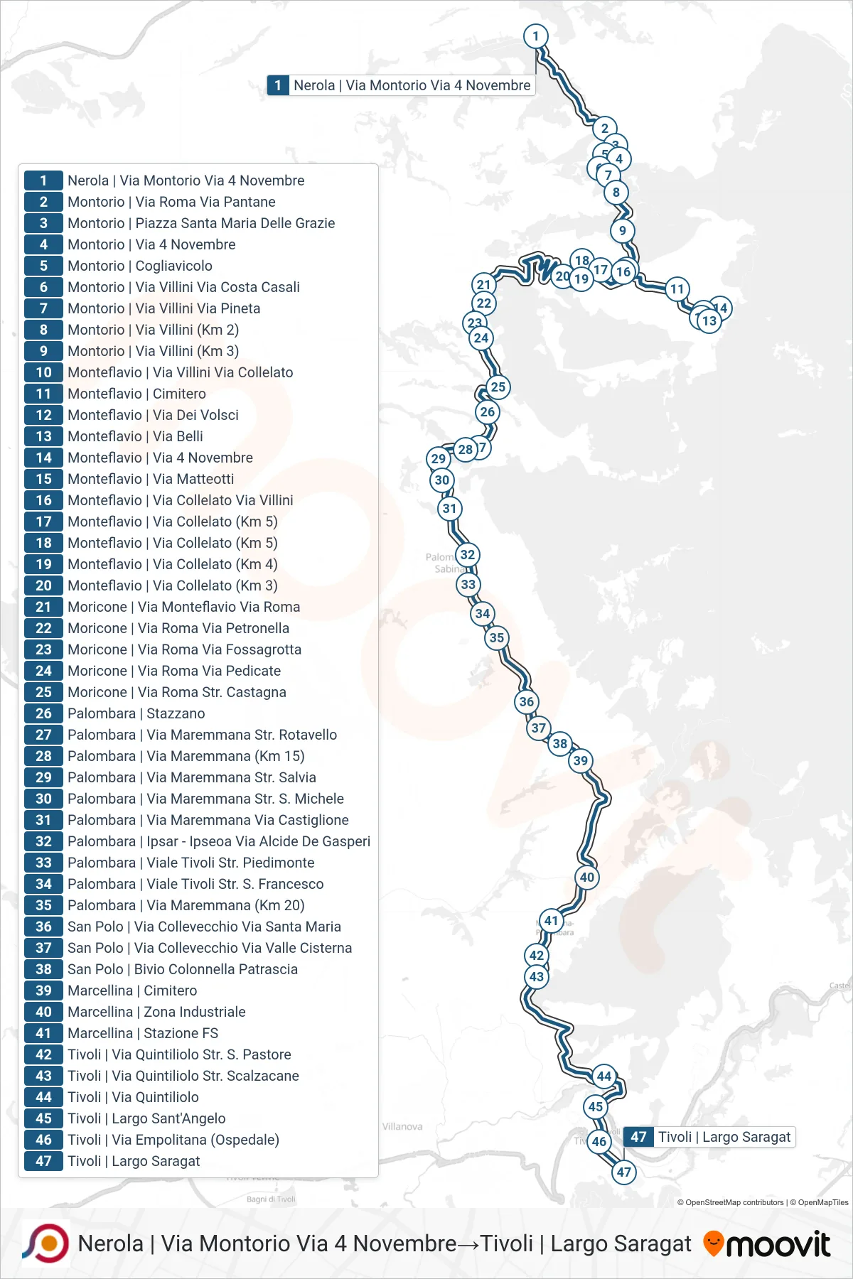 Linea COTRAL  bus (Nerola | Via Montorio Via 4 Novembre‎→Tivoli | Largo Saragat) - Percorsi e fermate sulla mappa
