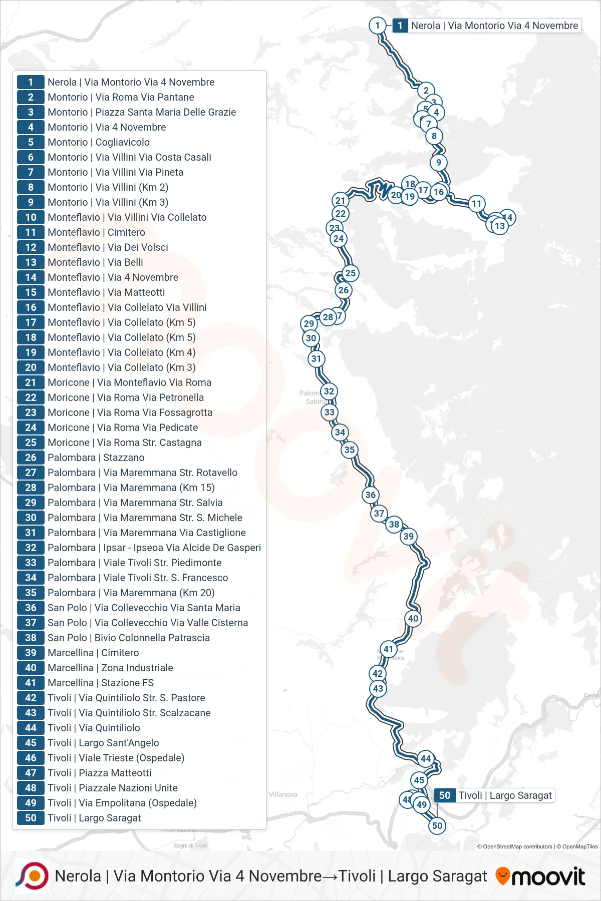 Linea COTRAL  bus (Nerola | Via Montorio Via 4 Novembre‎→Tivoli | Largo Saragat) - Percorsi e fermate sulla mappa