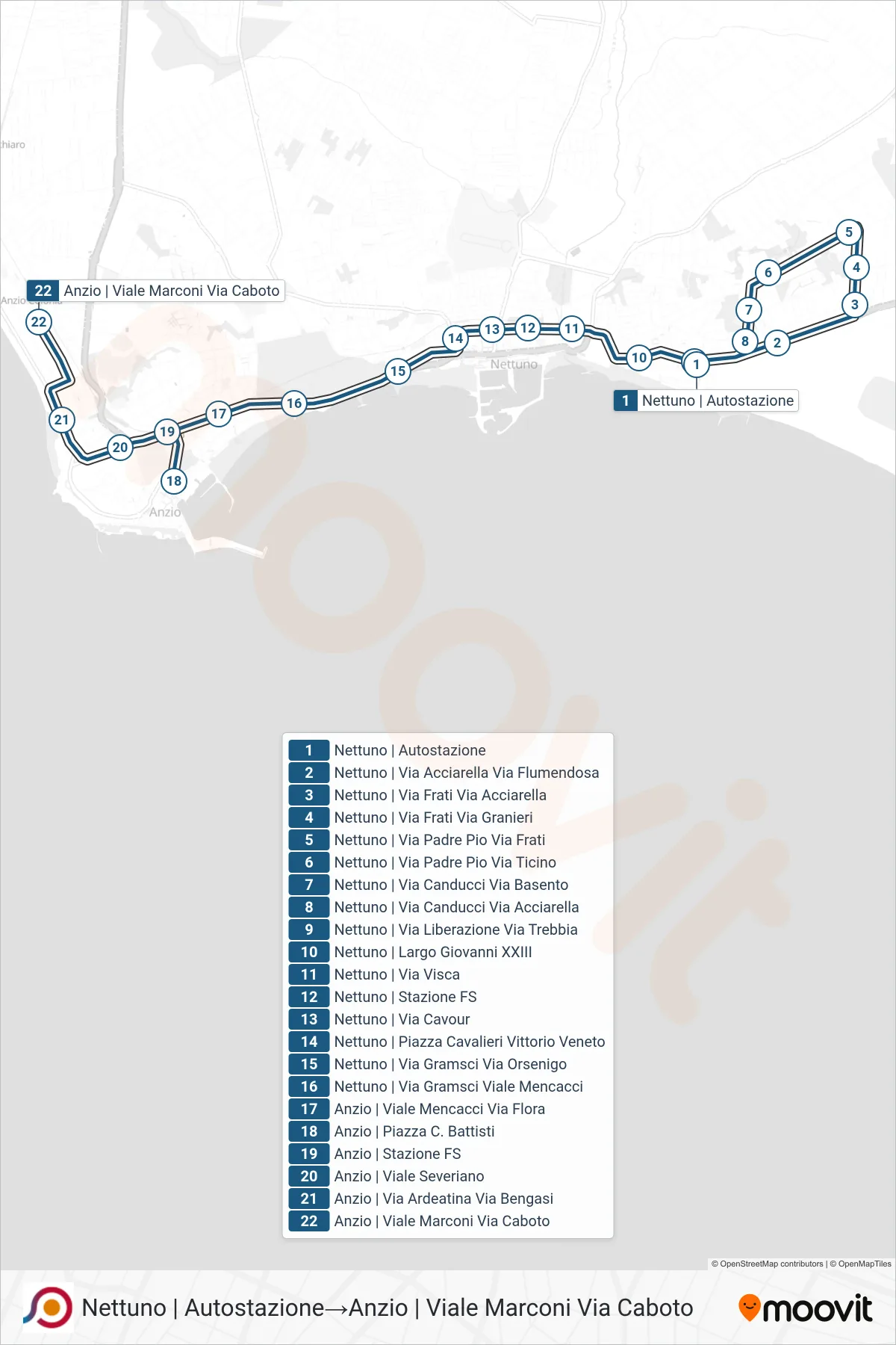Linea COTRAL  bus (Nettuno | Autostazione‎→Anzio | Viale Marconi Via Caboto) - Percorsi e fermate sulla mappa