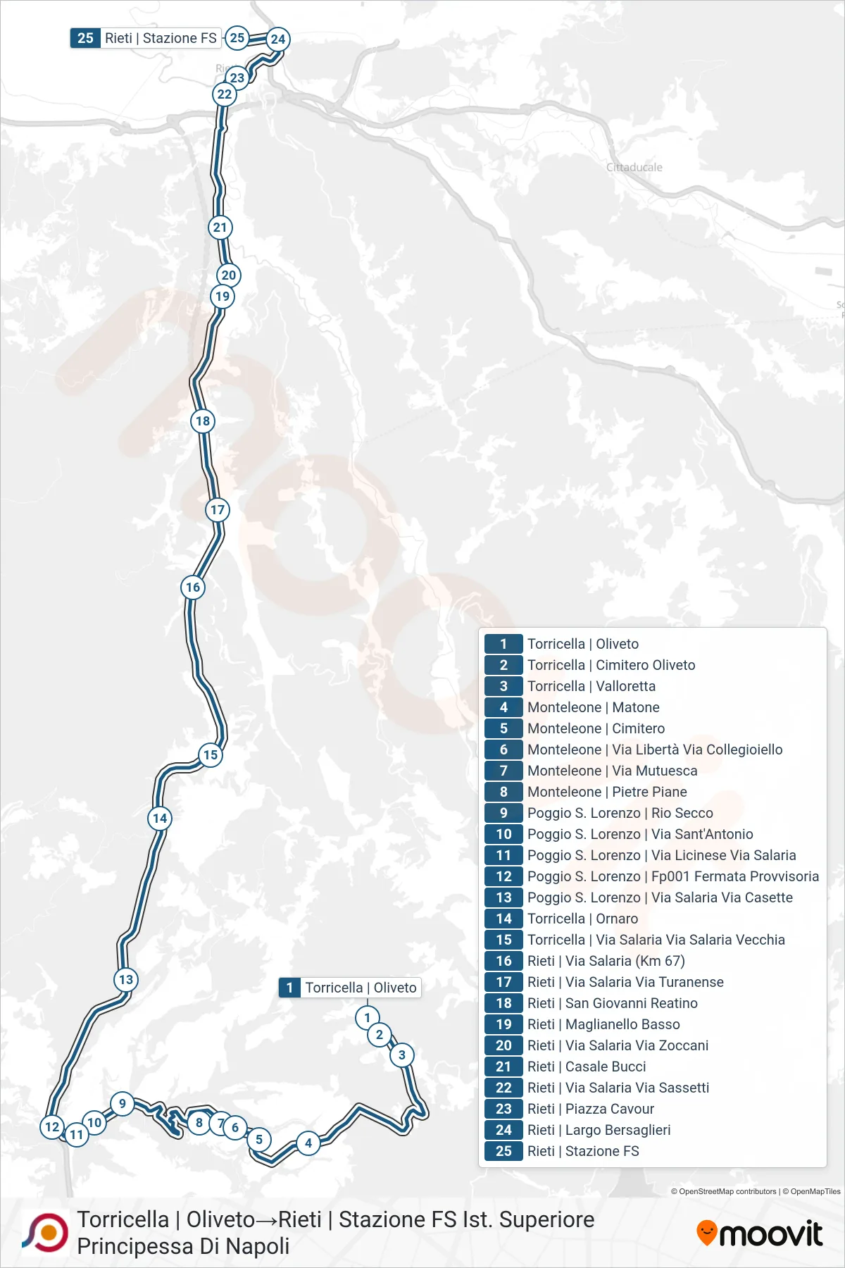 Linea COTRAL bus (Torricella | Oliveto→Rieti | Stazione FS Ist. Superiore Principessa Di Napoli) - Percorsi e fermate sulla mappa