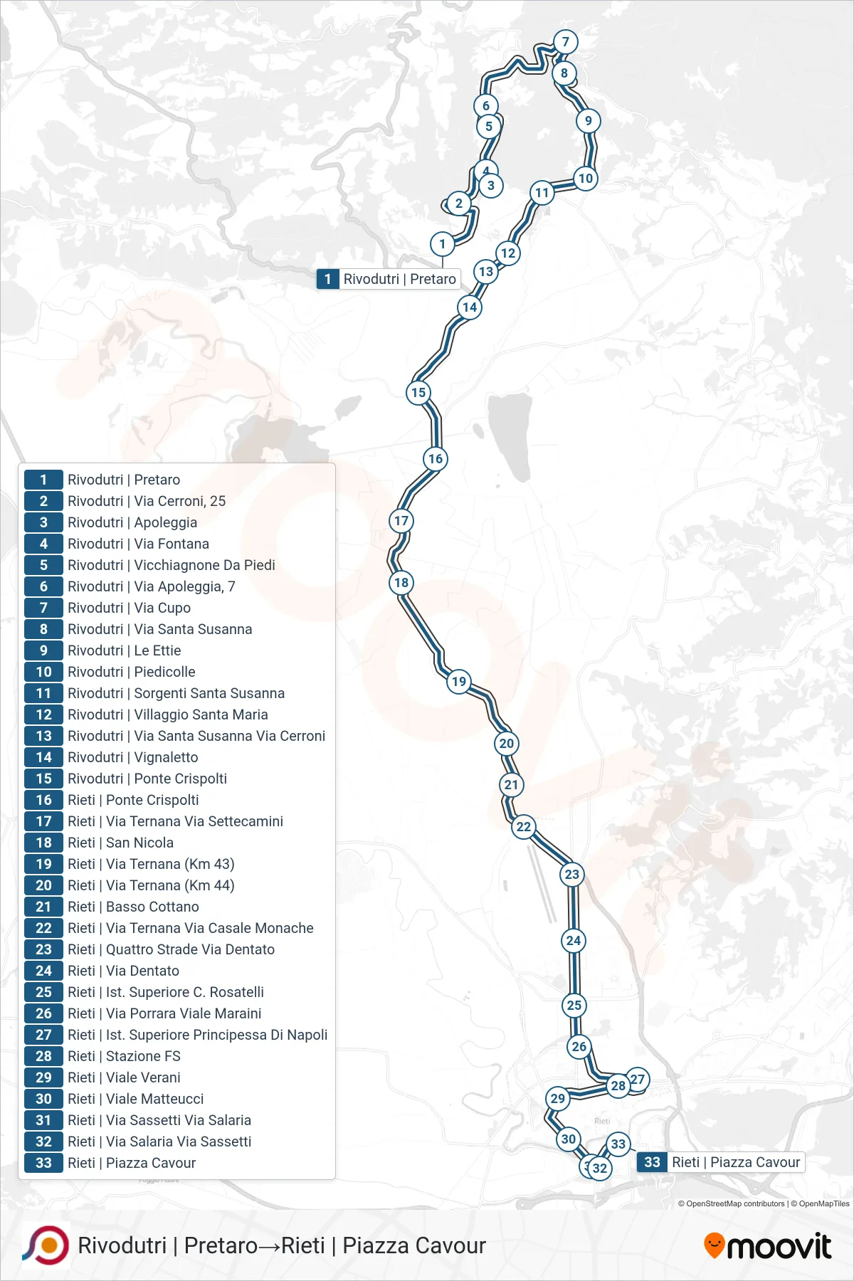 Linea COTRAL  bus (Rivodutri | Pretaro‎→Rieti | Piazza Cavour) - Percorsi e fermate sulla mappa