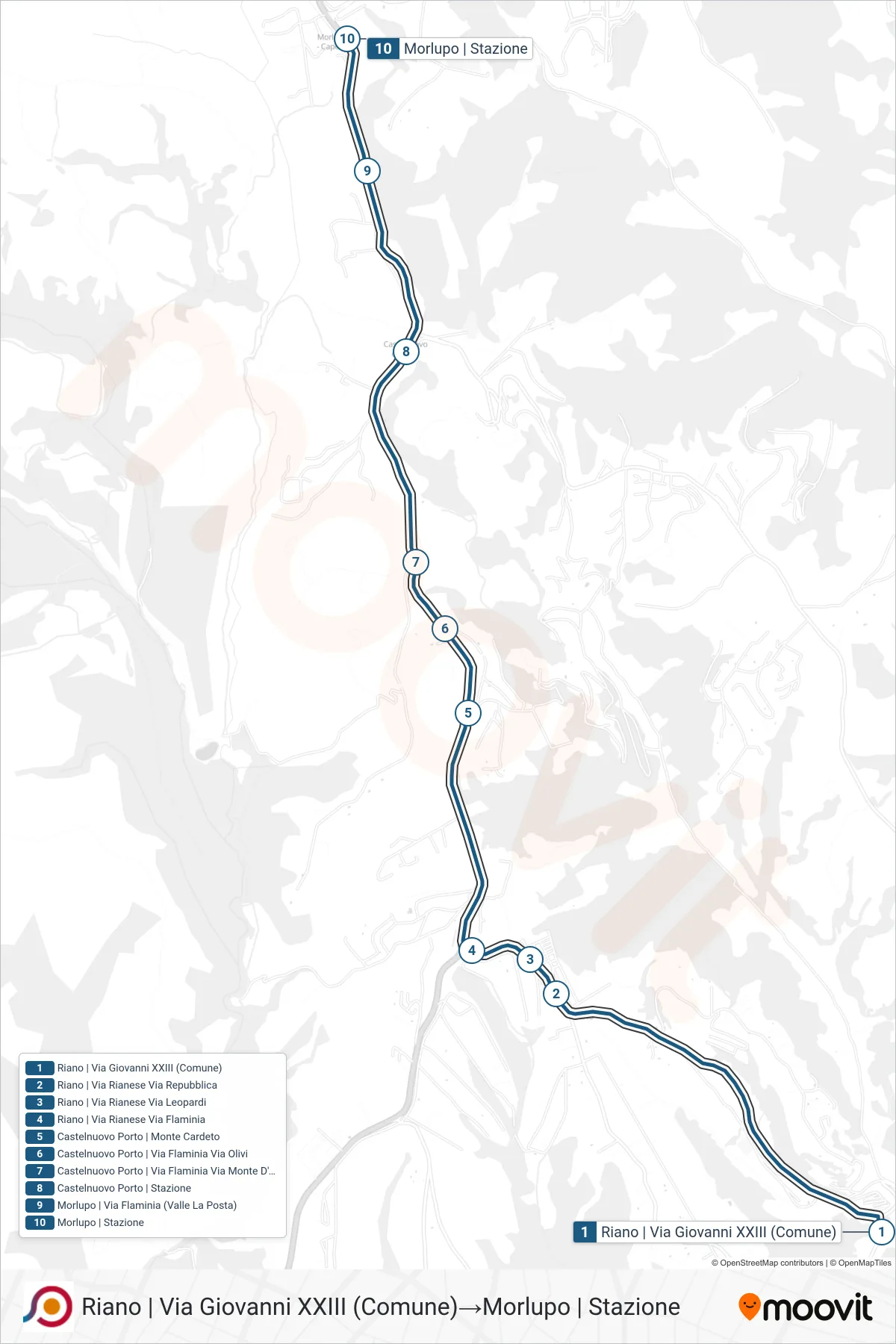 Linea COTRAL bus (Riano | Via Giovanni XXIII (Comune)→Morlupo | Stazione) - Percorsi e fermate sulla mappa