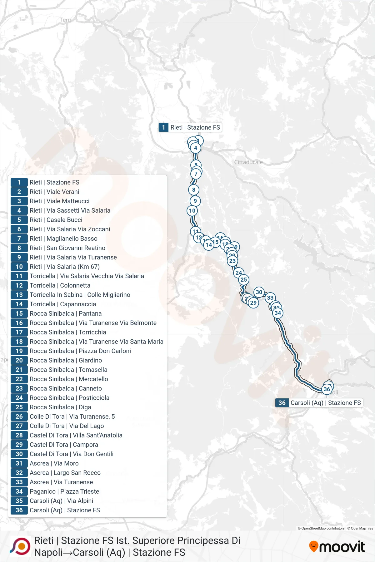 Linea COTRAL bus (Rieti | Stazione FS Ist. Superiore Principessa Di Napoli→Carsoli (Aq) | Stazione FS) - Percorsi e fermate sulla mappa
