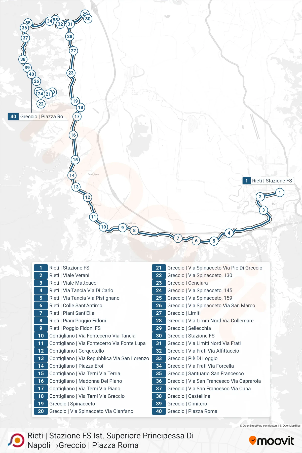 Linea COTRAL bus (Rieti | Stazione FS Ist. Superiore Principessa Di Napoli→Greccio | Piazza Roma) - Percorsi e fermate sulla mappa