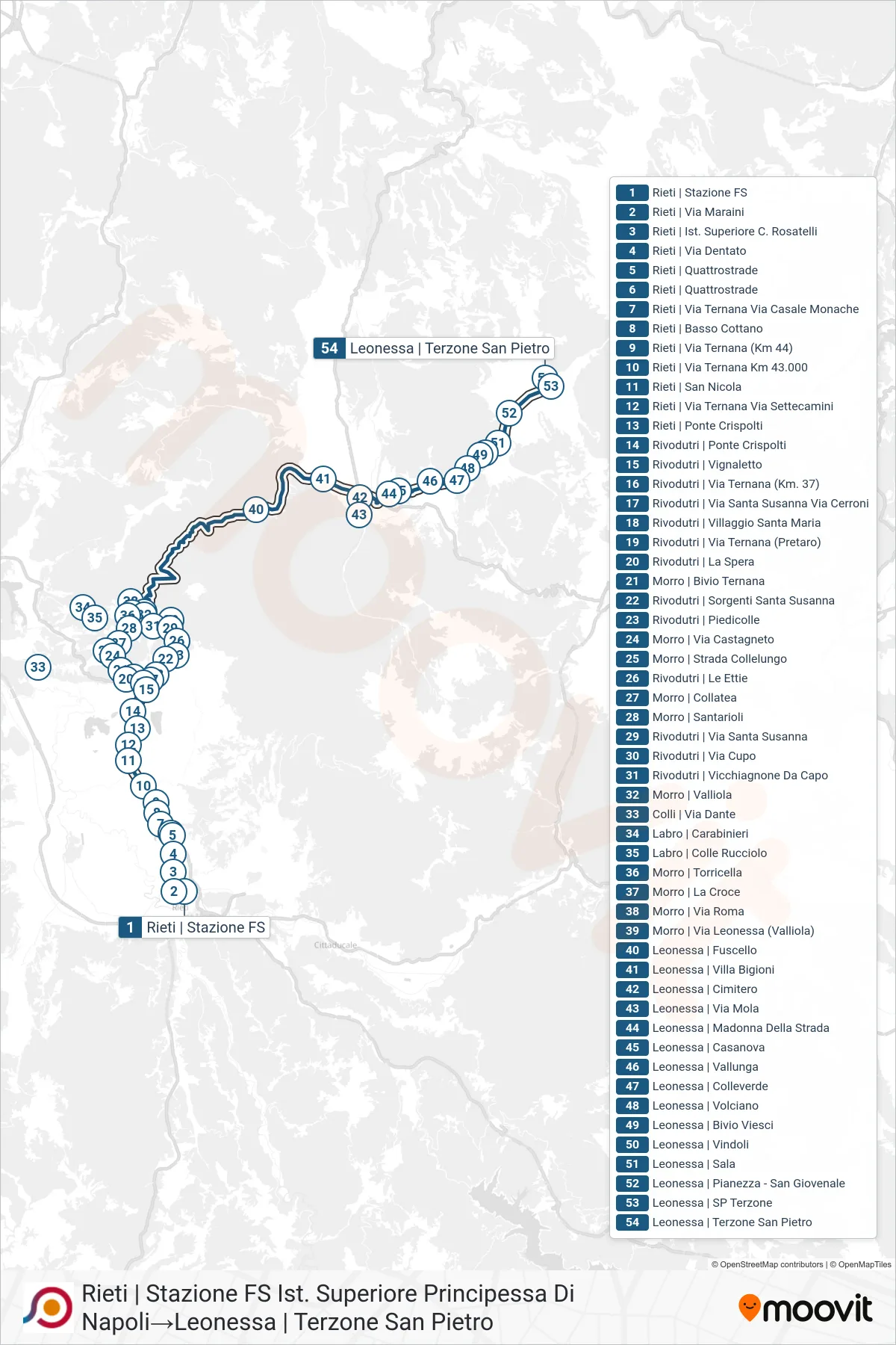Linea COTRAL bus (Rieti | Stazione FS Ist. Superiore Principessa Di Napoli→Leonessa | Terzone San Pietro) - Percorsi e fermate sulla mappa