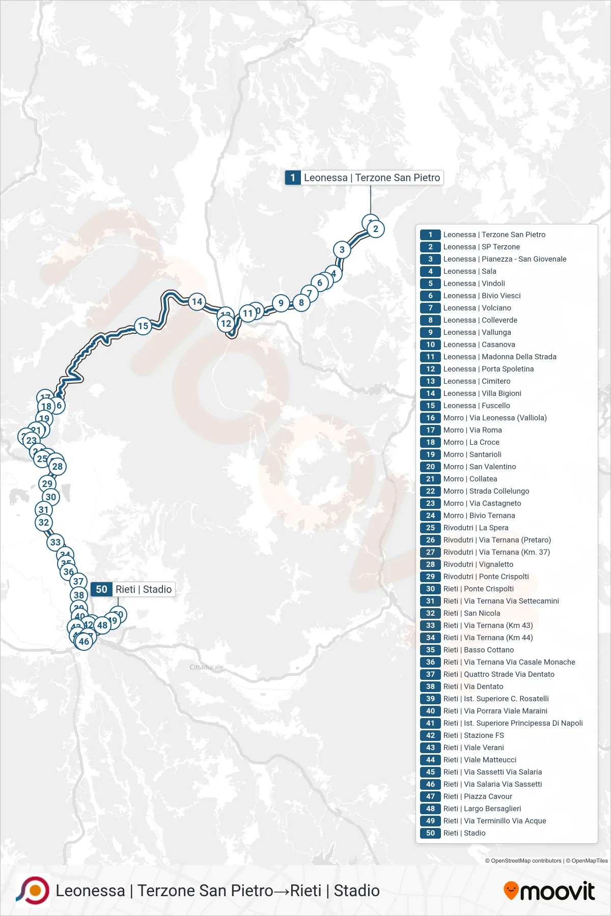 Linea COTRAL bus (Leonessa | Terzone San Pietro→Rieti | Stadio) - Percorsi e fermate sulla mappa