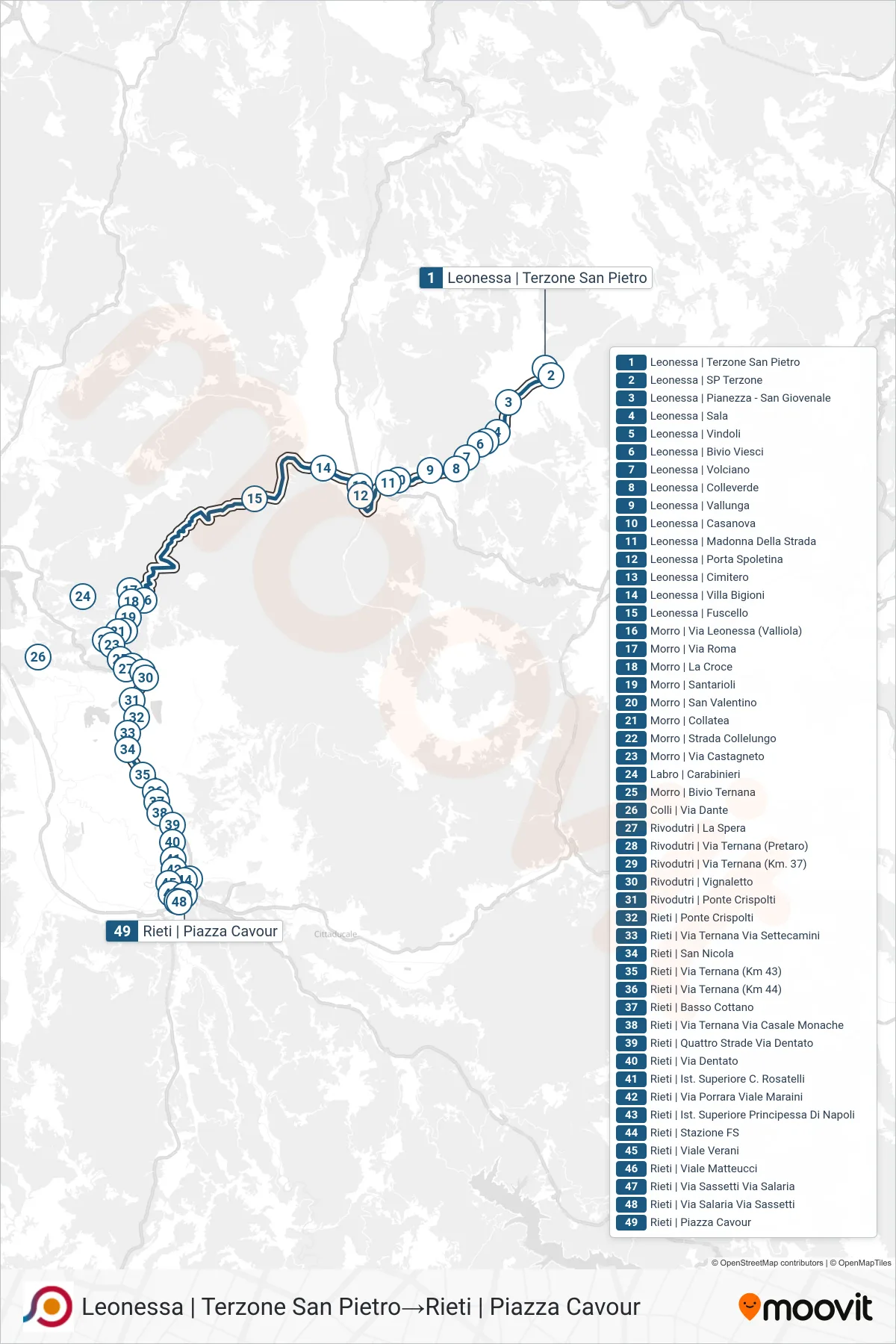 Linea COTRAL bus (Leonessa | Terzone San Pietro→Rieti | Piazza Cavour) - Percorsi e fermate sulla mappa