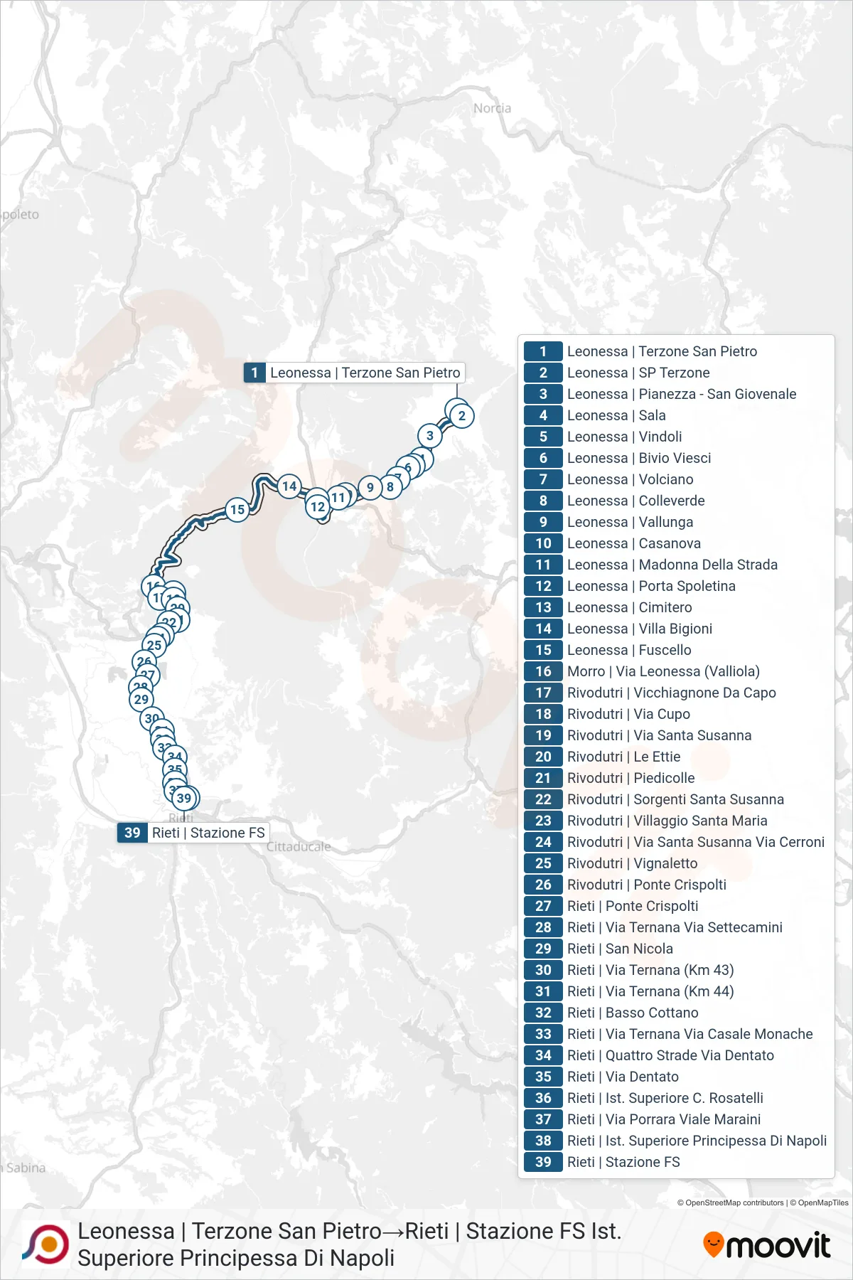Linea COTRAL bus (Leonessa | Terzone San Pietro→Rieti | Stazione FS Ist. Superiore Principessa Di Napoli) - Percorsi e fermate sulla mappa