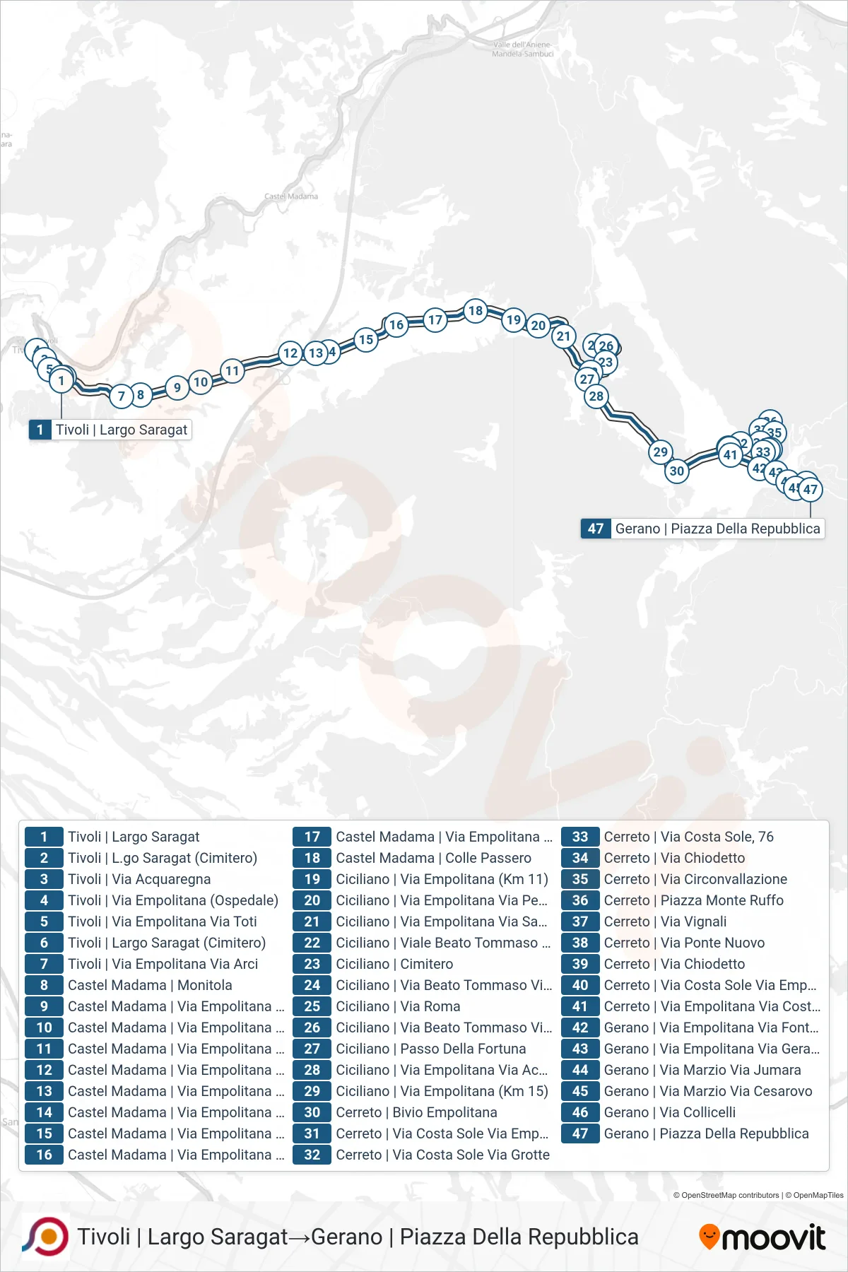 Linea COTRAL  bus (Tivoli | Largo Saragat‎→Gerano | Piazza Della Repubblica) - Percorsi e fermate sulla mappa