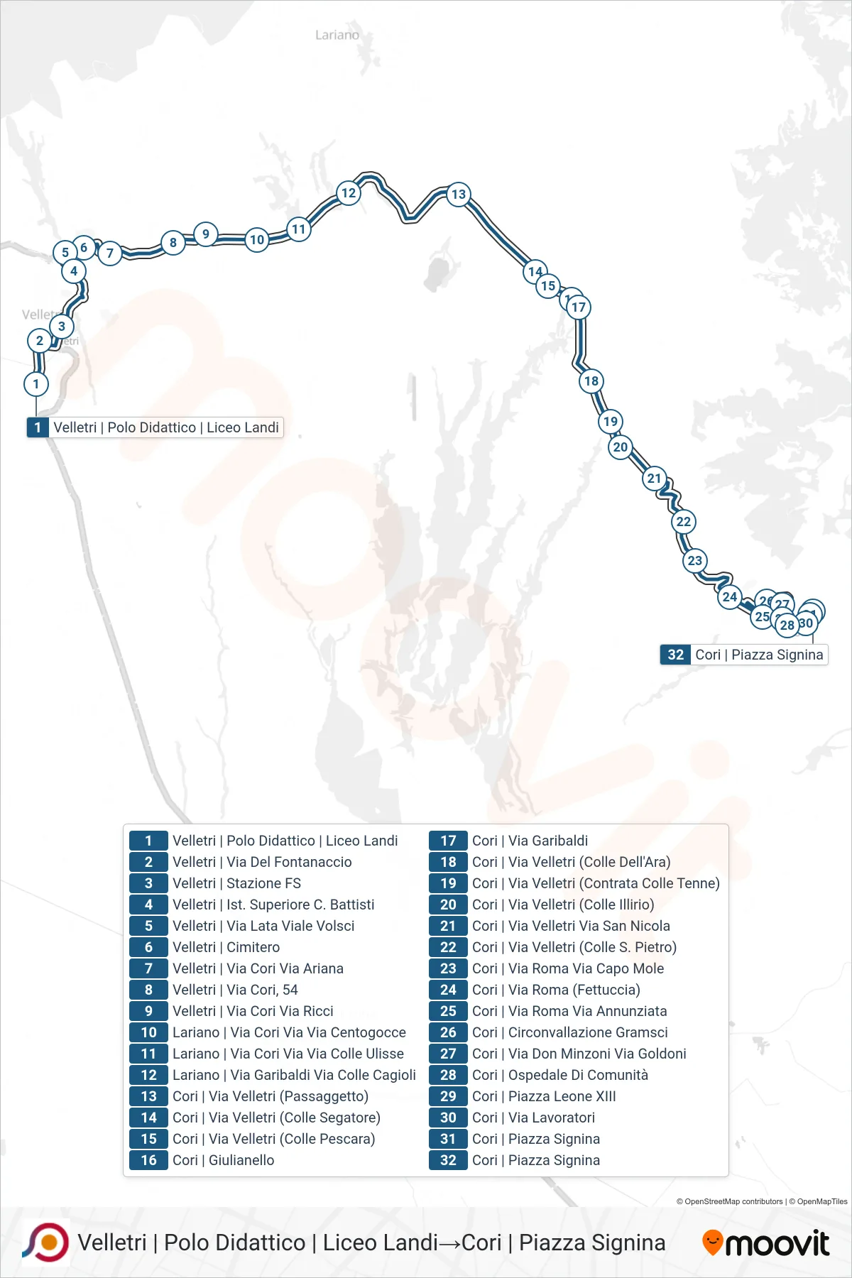 Linea COTRAL bus (Velletri | Polo Didattico | Liceo Landi→Cori | Piazza Signina) - Percorsi e fermate sulla mappa