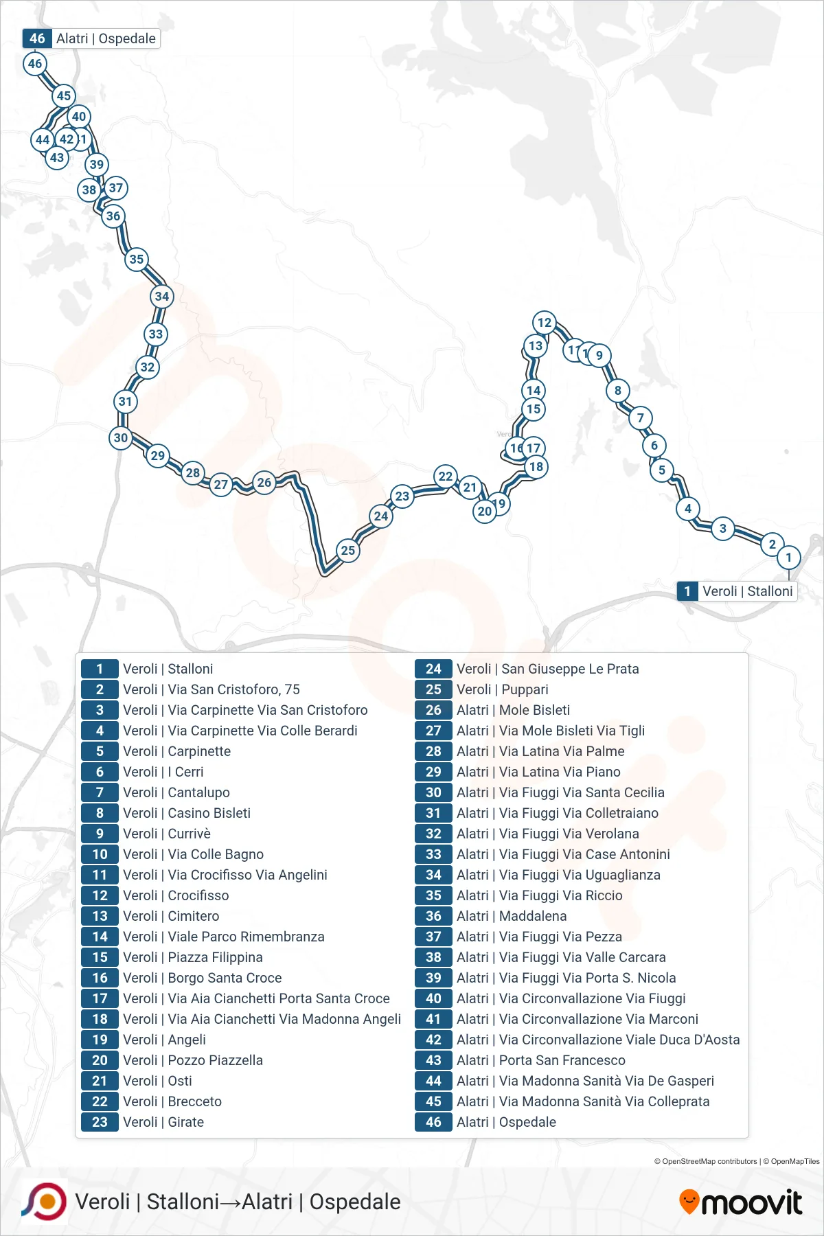 Linea COTRAL bus (Veroli | Stalloni→Alatri | Ospedale) - Percorsi e fermate sulla mappa
