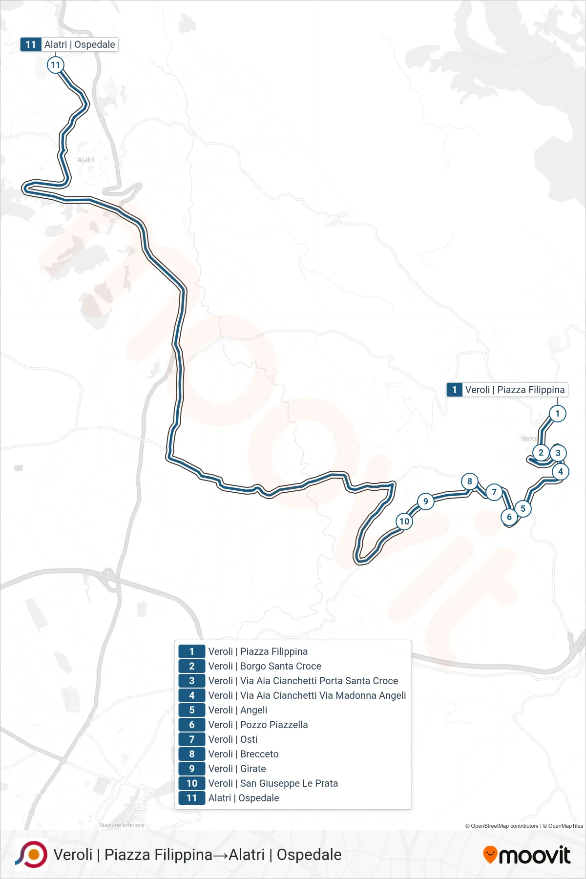 COTRAL bus Line (Veroli | Piazza Filippina→Alatri Hospital) route and stops on a map