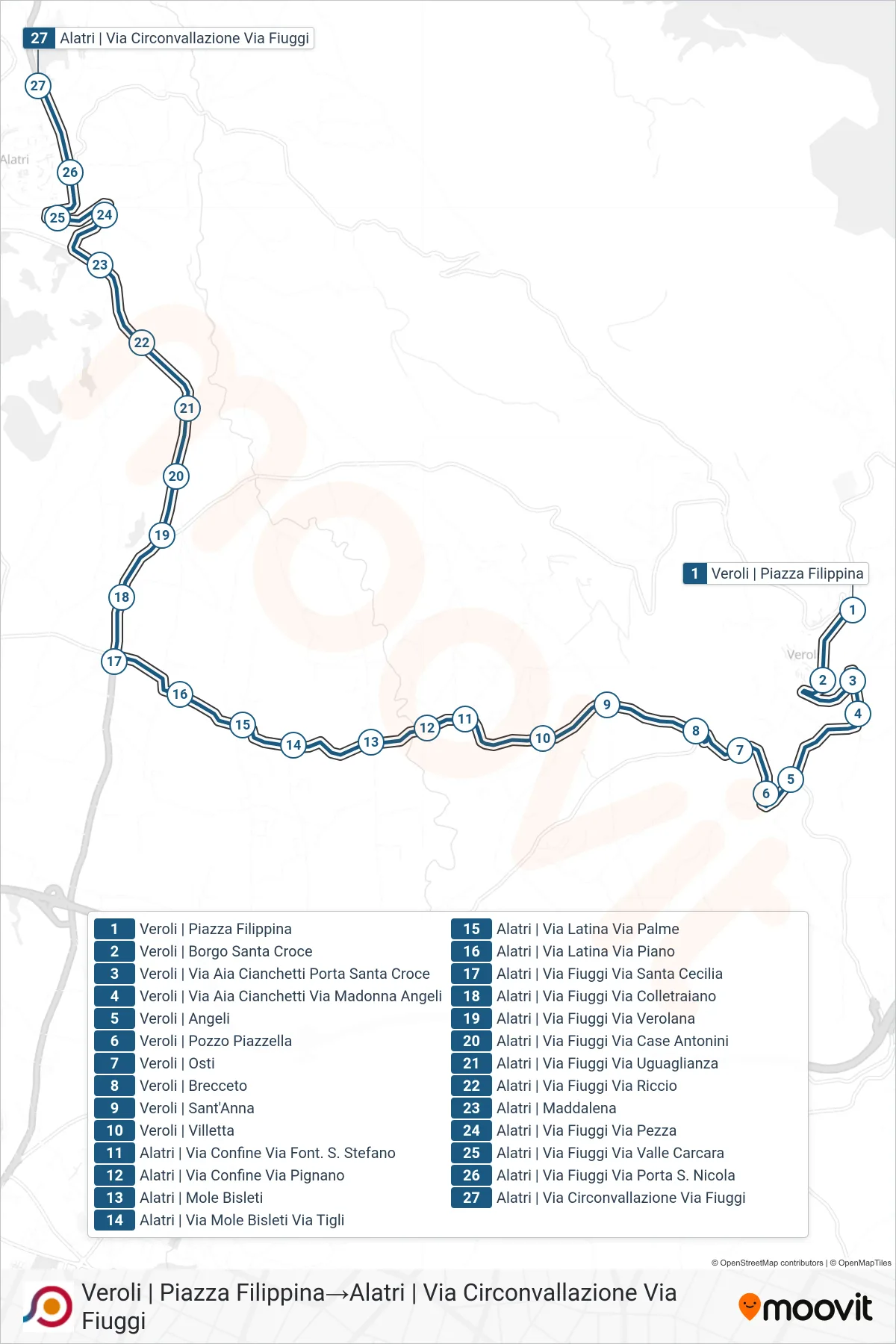 Linea COTRAL bus (Veroli | Piazza Filippina→Alatri | Via Circonvallazione Via Fiuggi) - Percorsi e fermate sulla mappa