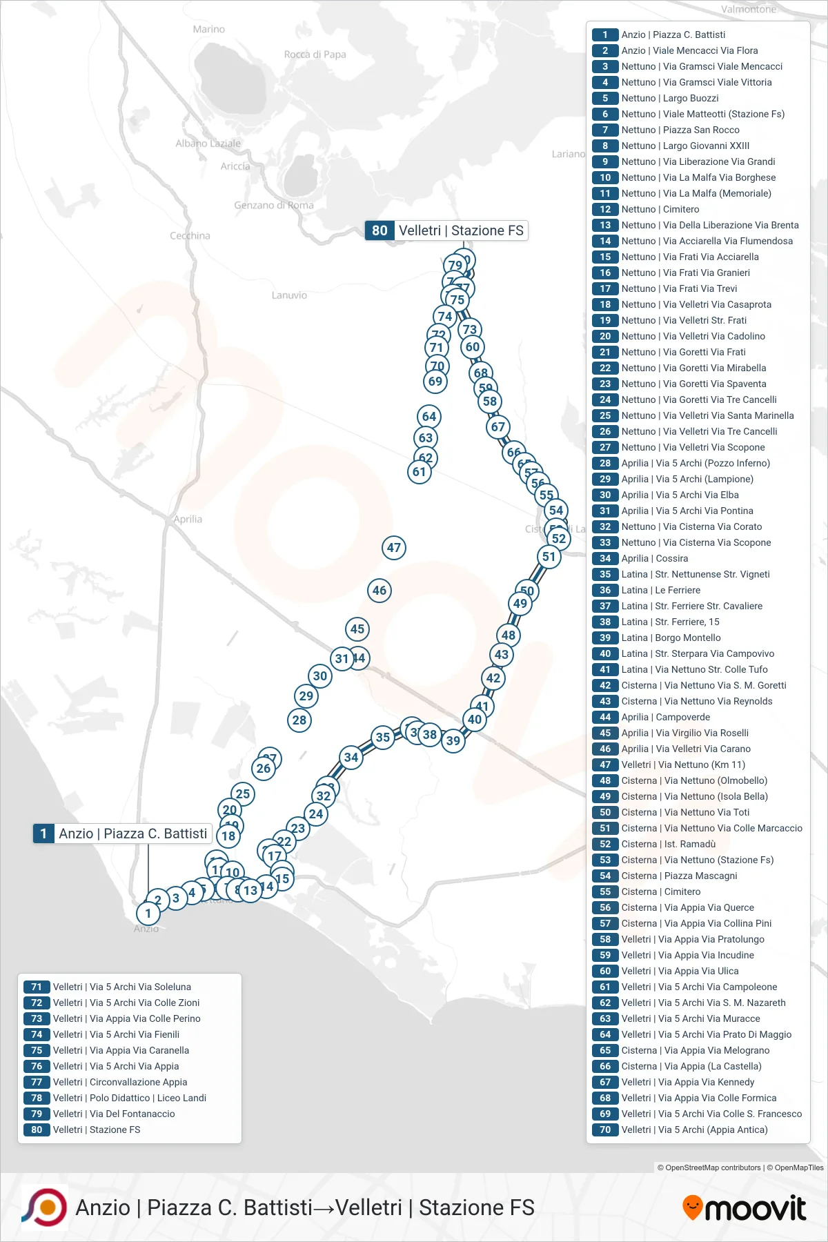 Linea COTRAL bus (Anzio | Piazza C. Battisti→Velletri | Stazione FS) - Percorsi e fermate sulla mappa