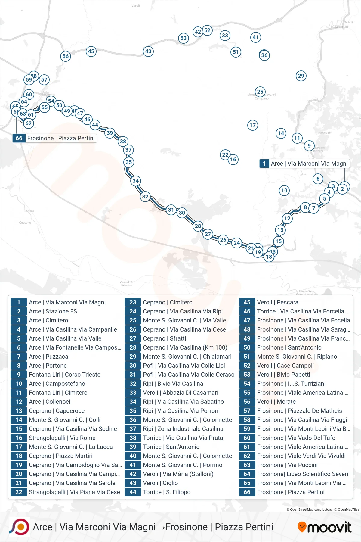 Linea COTRAL bus (Arce | Via Marconi Via Magni→Frosinone | Piazza Pertini) - Percorsi e fermate sulla mappa