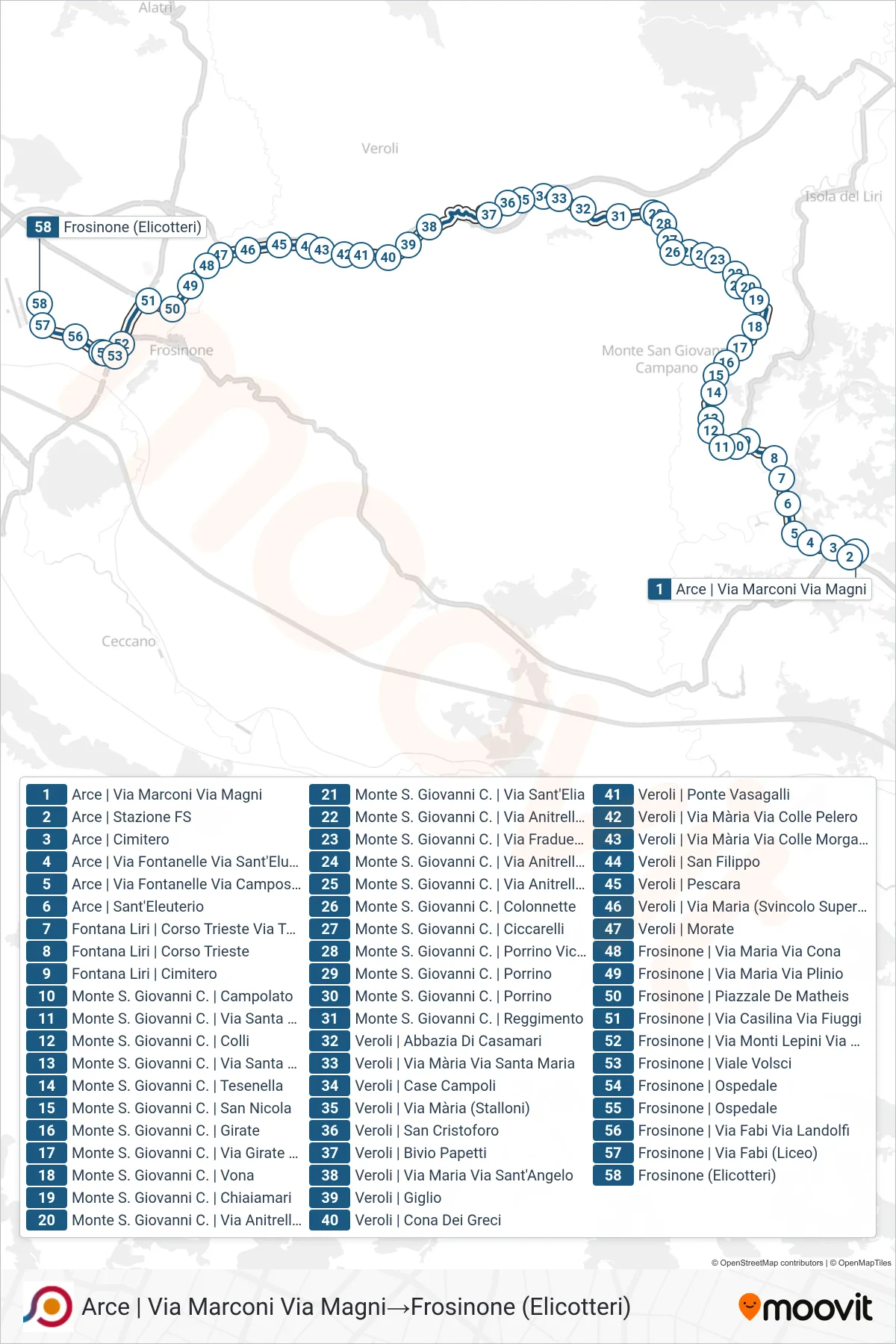 Linea COTRAL bus (Arce | Via Marconi Via Magni→Frosinone (Elicotteri)) - Percorsi e fermate sulla mappa