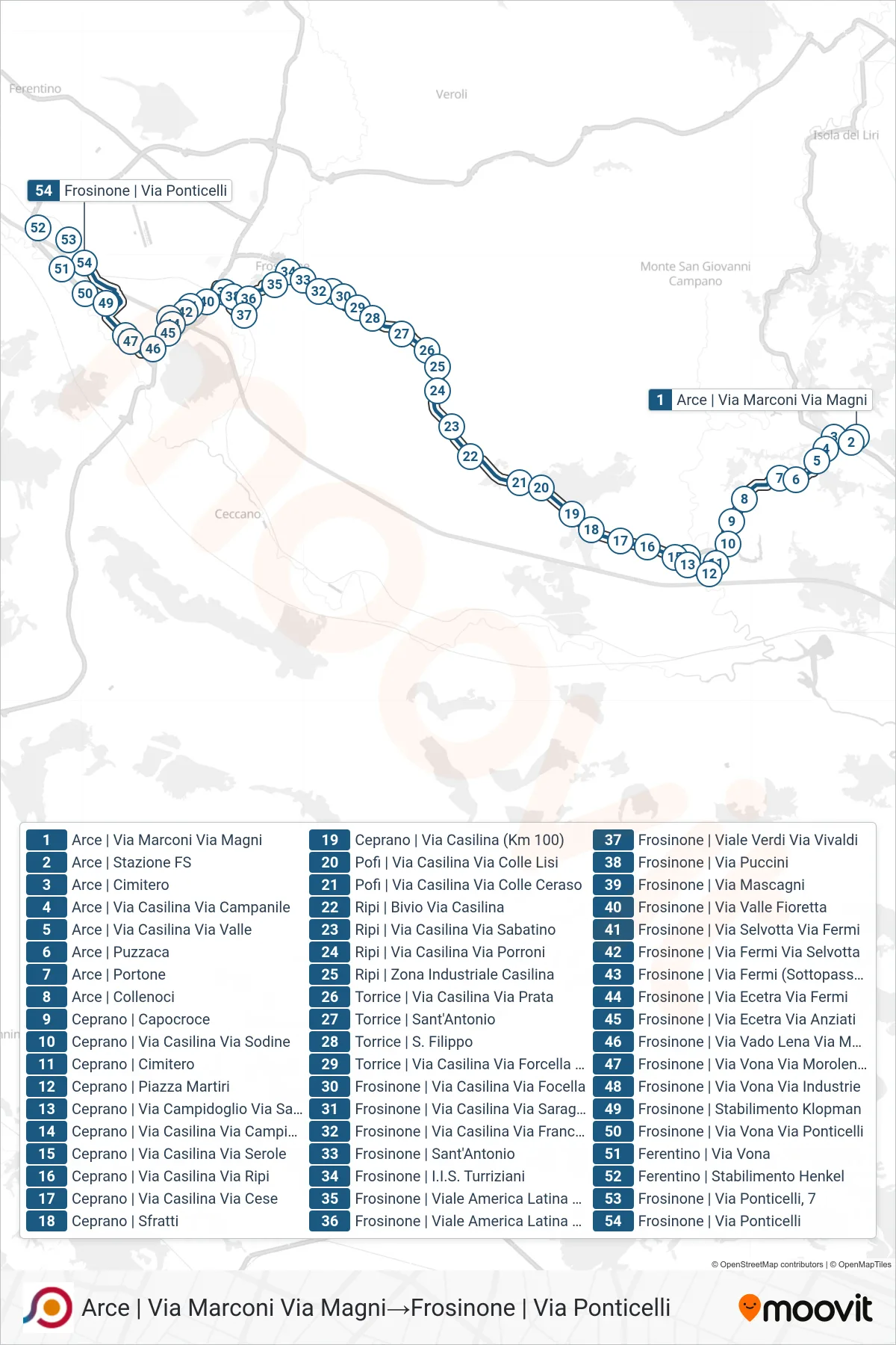 Linea COTRAL bus (Arce | Via Marconi Via Magni→Frosinone | Via Ponticelli) - Percorsi e fermate sulla mappa