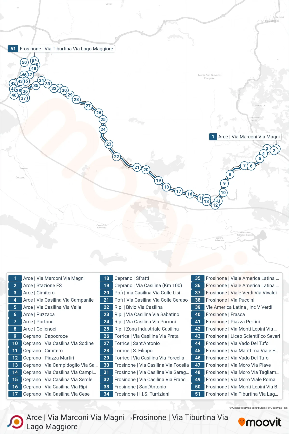 Linea COTRAL bus (Arce | Via Marconi Via Magni→Frosinone | Via Tiburtina Via Lago Maggiore) - Percorsi e fermate sulla mappa