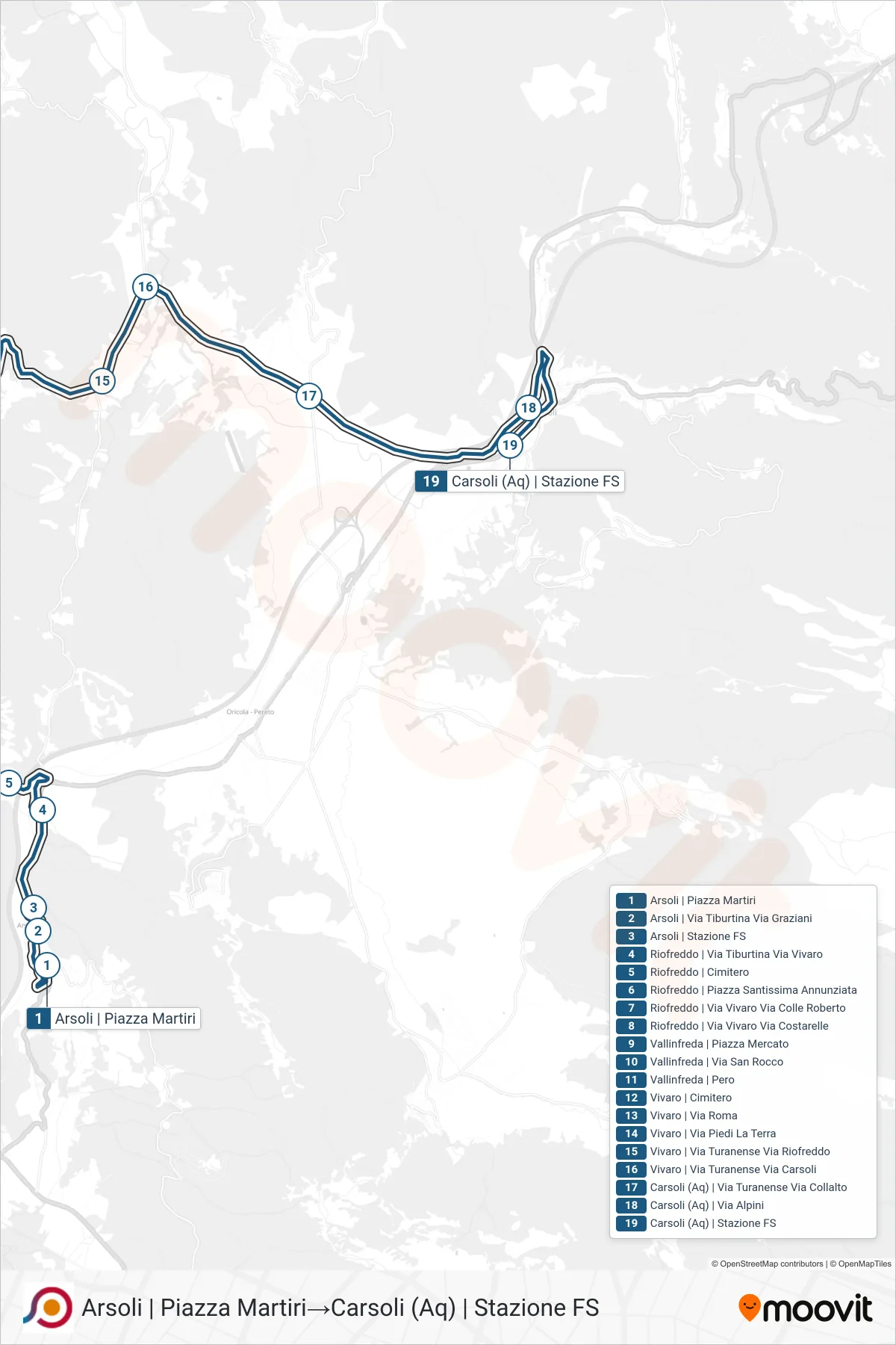 Linea COTRAL bus (Arsoli | Piazza Martiri→Carsoli (Aq) | Stazione FS) - Percorsi e fermate sulla mappa