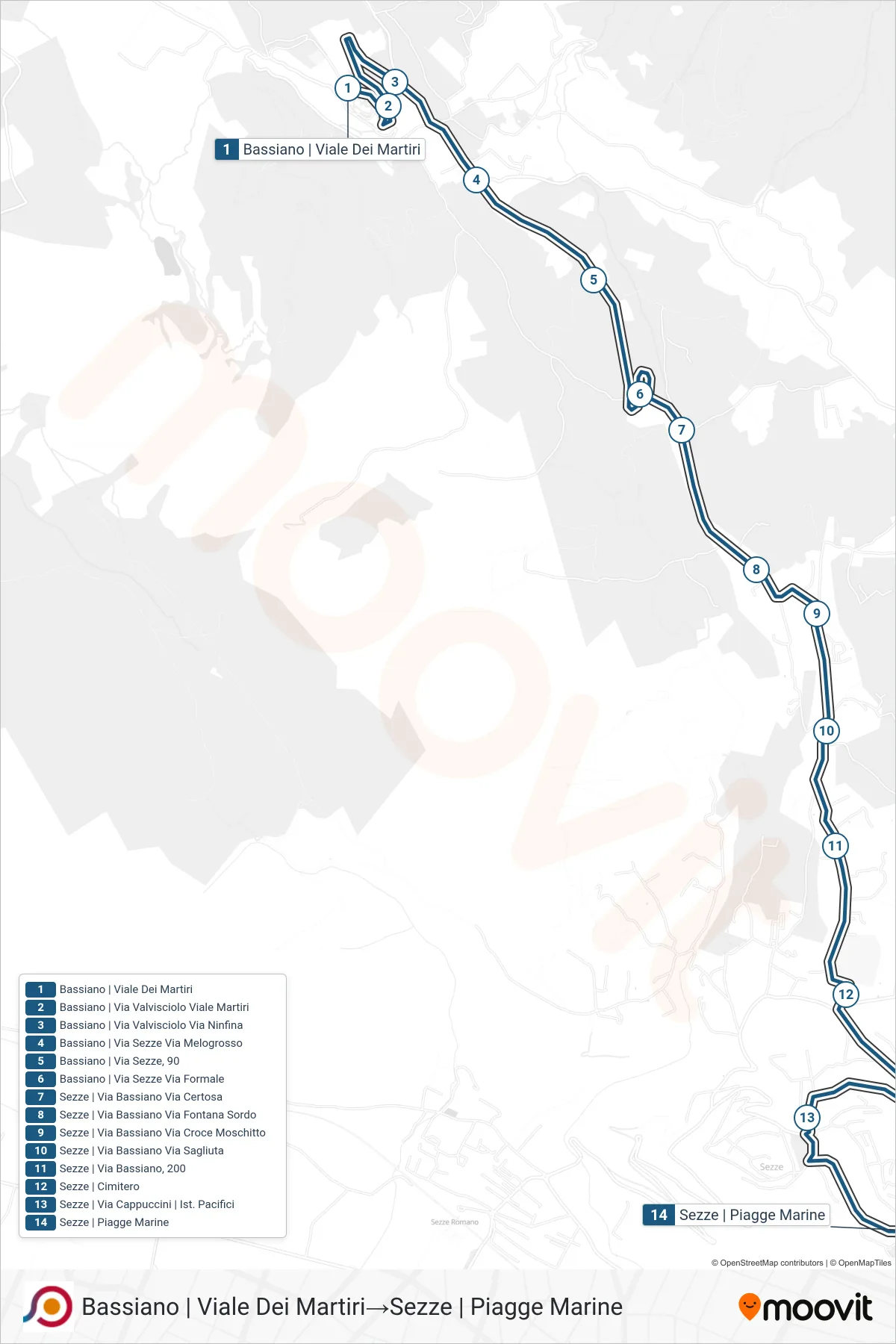 Linea COTRAL bus (Bassiano | Viale Dei Martiri→Sezze | Piagge Marine) - Percorsi e fermate sulla mappa