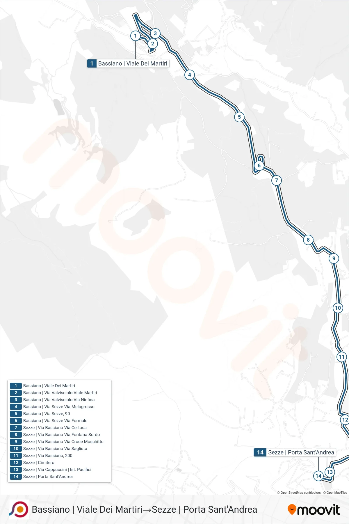 Linea COTRAL bus (Bassiano | Viale Dei Martiri→Sezze | Porta Sant'Andrea) - Percorsi e fermate sulla mappa