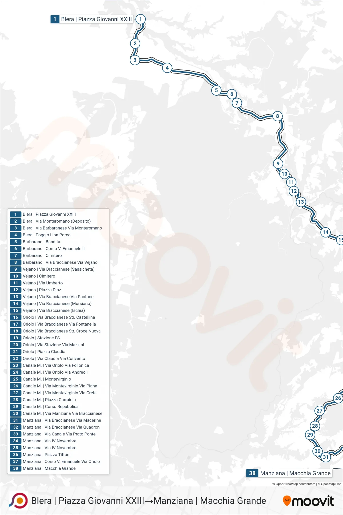 Linea COTRAL bus (Blera | Piazza Giovanni XXIII→Manziana | Macchia Grande) - Percorsi e fermate sulla mappa