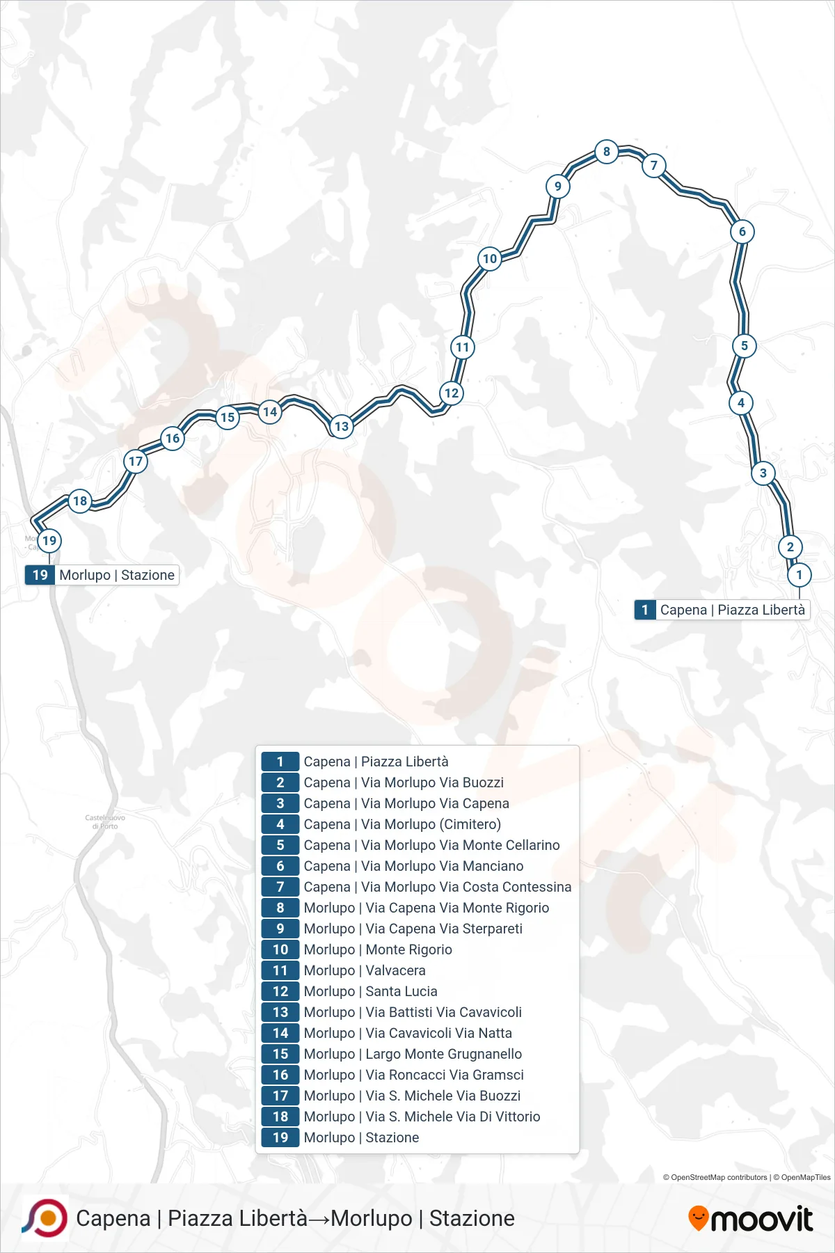 Linea COTRAL bus (Capena | Piazza Libertà→Morlupo | Stazione) - Percorsi e fermate sulla mappa