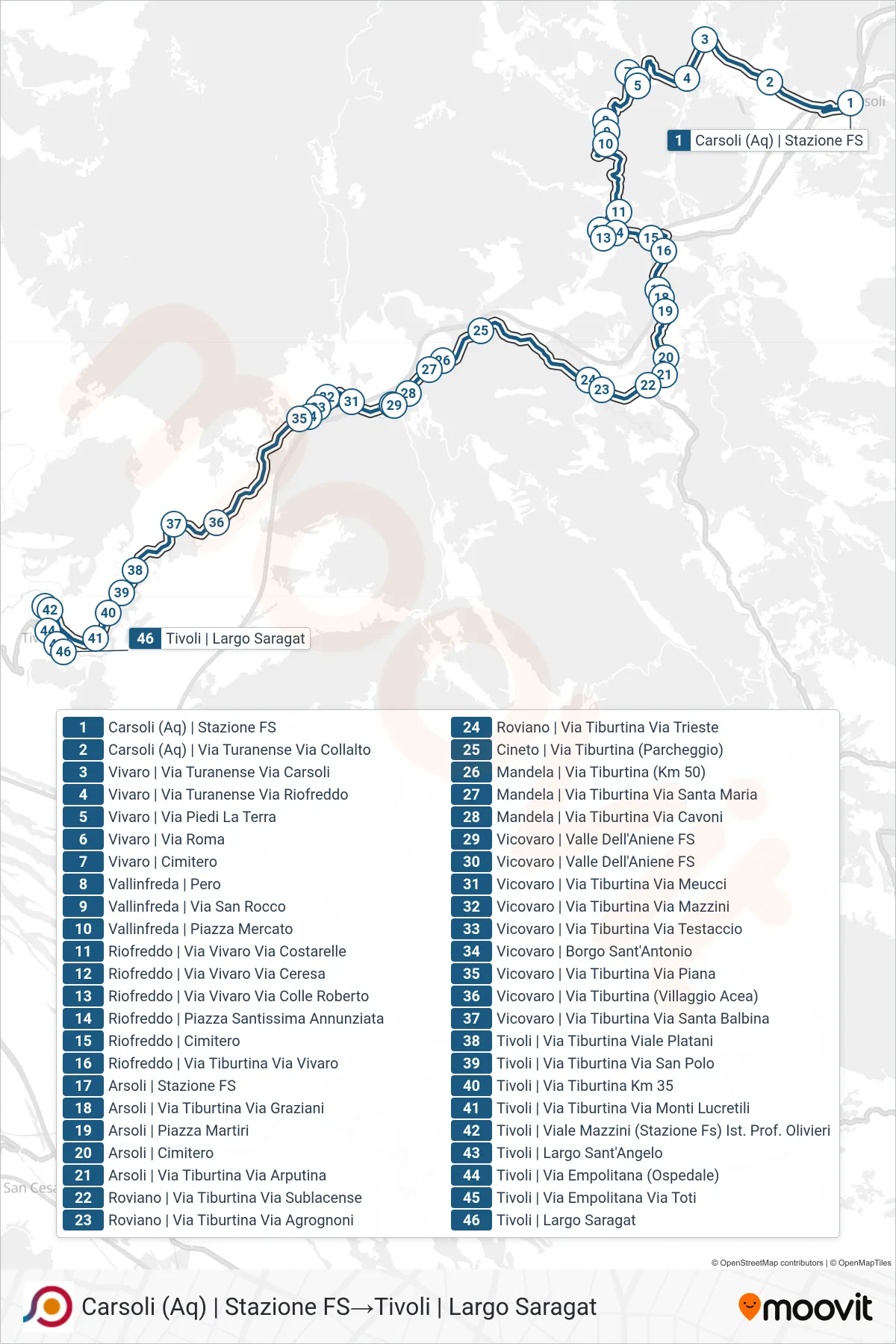 Linea COTRAL bus (Carsoli (Aq) | Stazione FS→Tivoli | Largo Saragat) - Percorsi e fermate sulla mappa