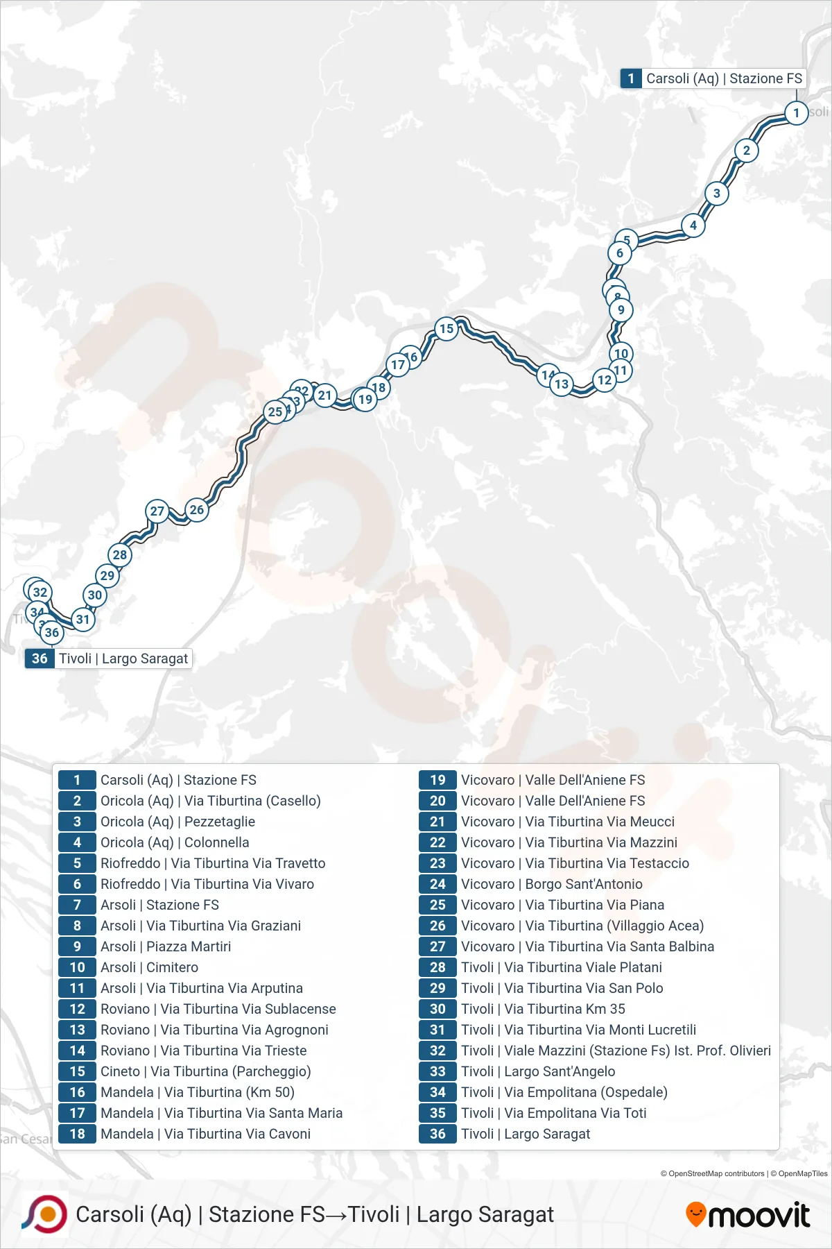 Linea COTRAL bus (Carsoli (Aq) | Stazione FS→Tivoli | Largo Saragat) - Percorsi e fermate sulla mappa