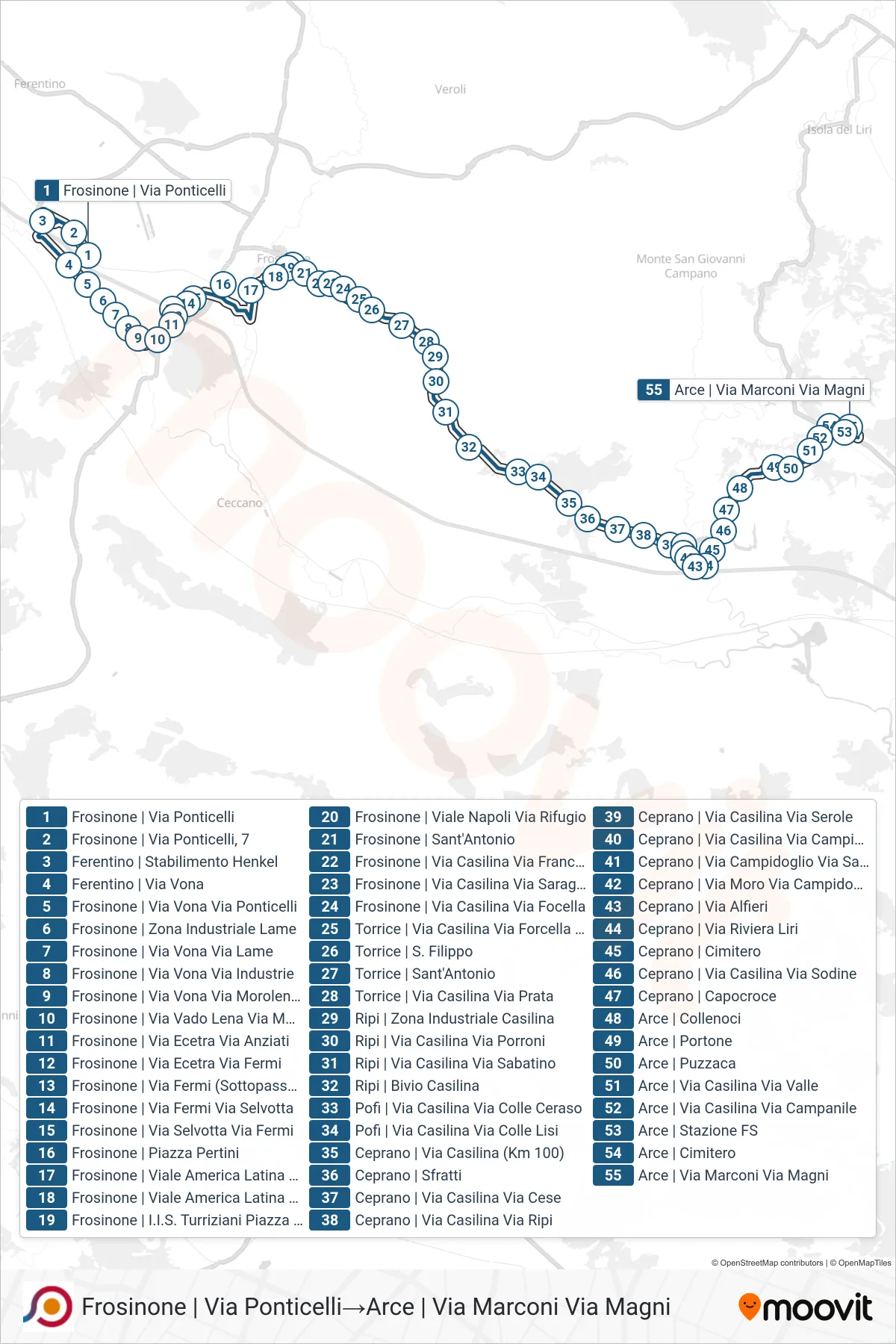 Linea COTRAL bus (Frosinone | Via Ponticelli→Arce | Via Marconi Via Magni) - Percorsi e fermate sulla mappa