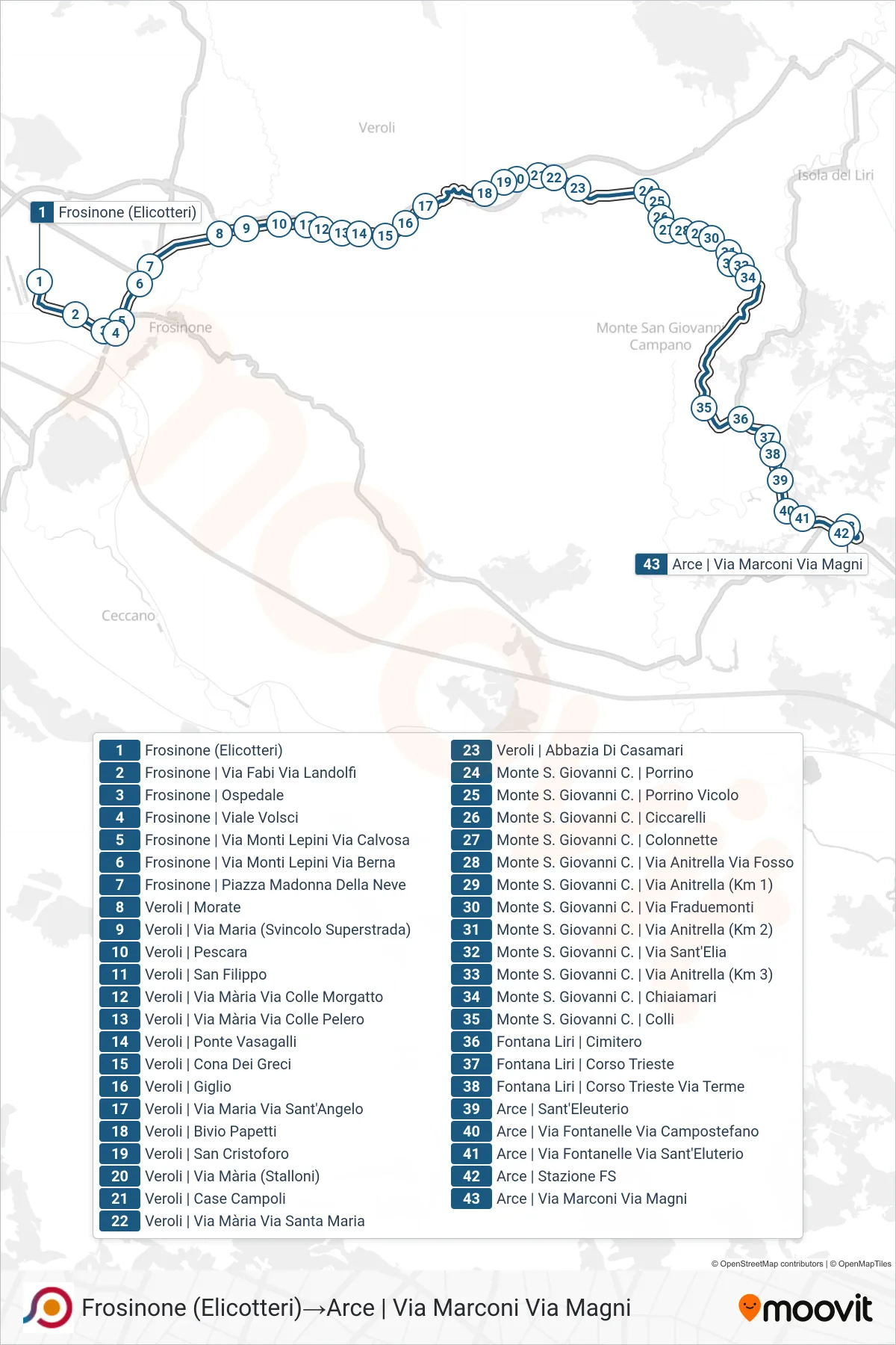 Linea COTRAL  bus (Frosinone (Elicotteri)‎→Arce | Via Marconi Via Magni) - Percorsi e fermate sulla mappa