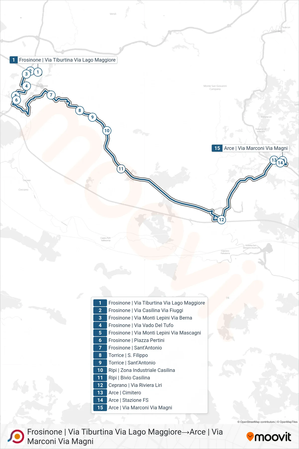 Linea COTRAL bus (Frosinone | Via Tiburtina Via Lago Maggiore→Arce | Via Marconi Via Magni) - Percorsi e fermate sulla mappa