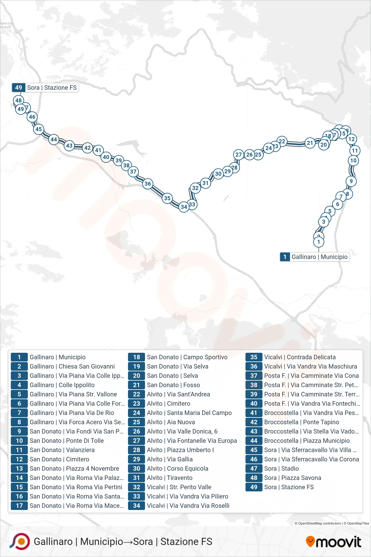 Linea COTRAL bus (Gallinaro | Municipio→Sora | Stazione FS) - Percorsi e fermate sulla mappa