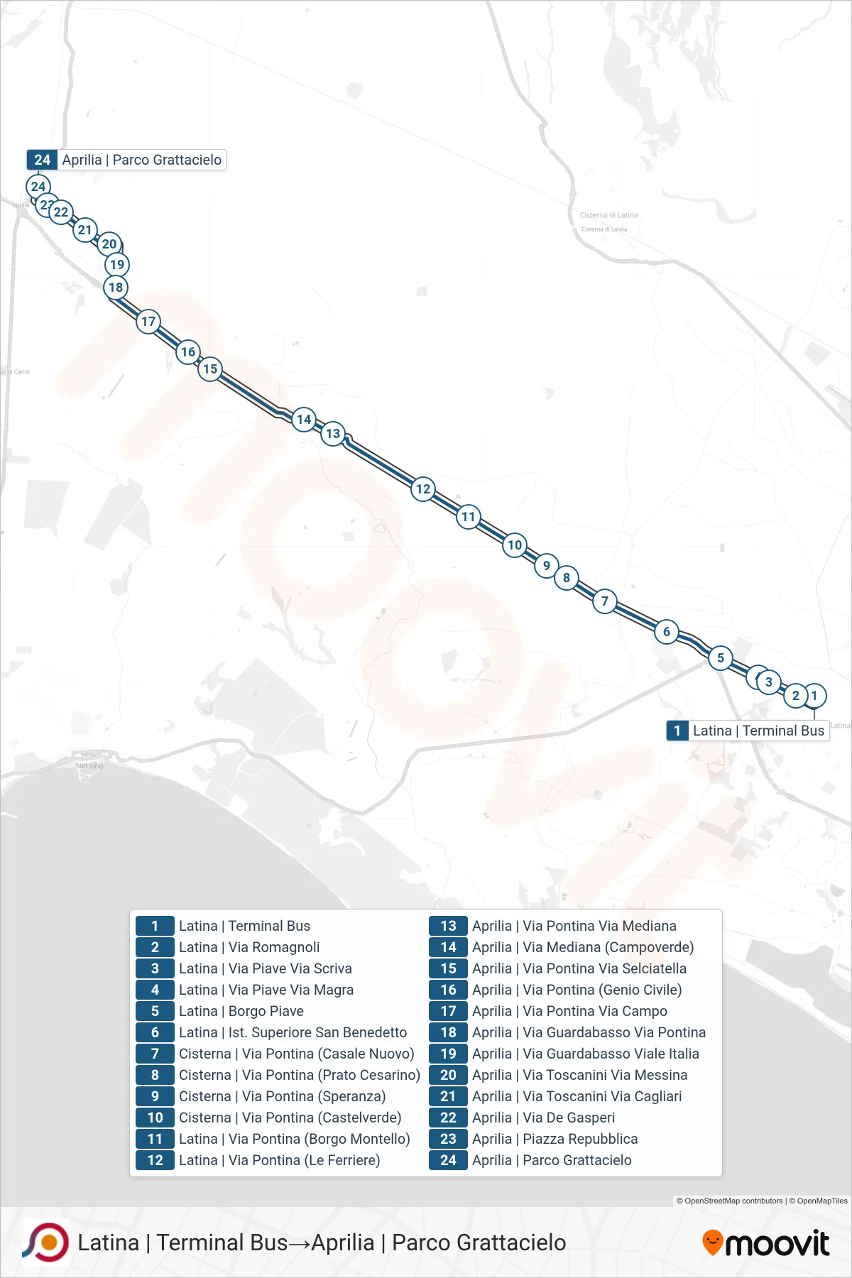 Linea COTRAL bus (Latina | Terminal Bus→Aprilia | Parco Grattacielo) - Percorsi e fermate sulla mappa