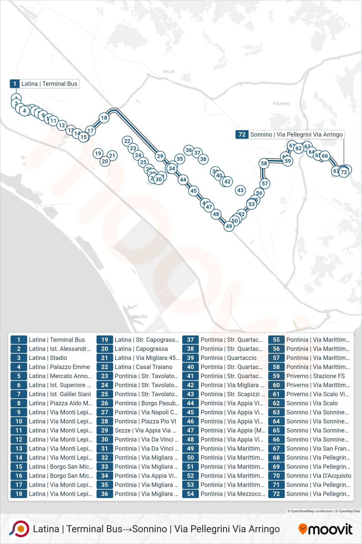 Linea COTRAL bus (Latina | Terminal Bus→Sonnino | Via Pellegrini Via Arringo) - Percorsi e fermate sulla mappa