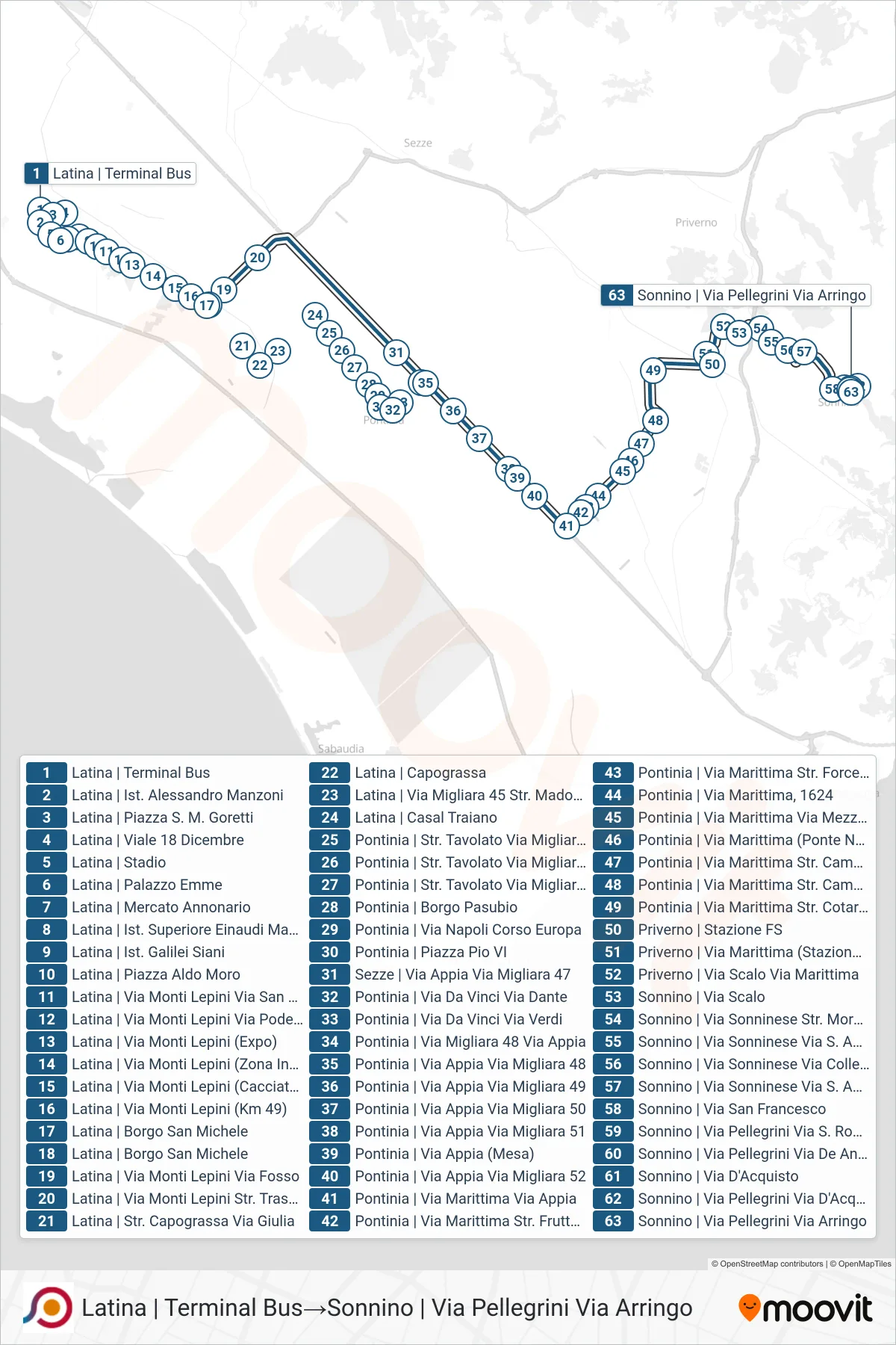 Linea COTRAL  bus (Latina | Terminal Bus‎→Sonnino | Via Pellegrini Via Arringo) - Percorsi e fermate sulla mappa