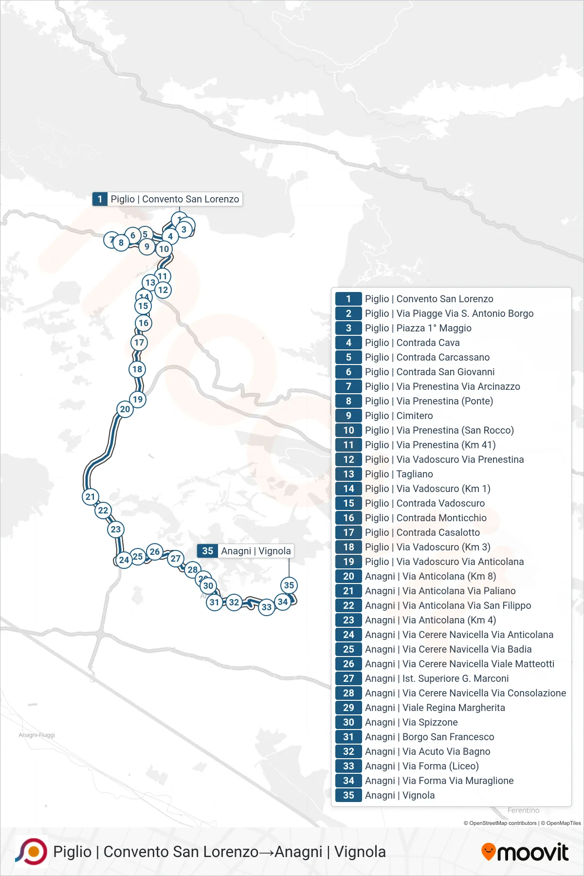 Linea COTRAL bus (Piglio | Convento San Lorenzo→Anagni | Vignola) - Percorsi e fermate sulla mappa