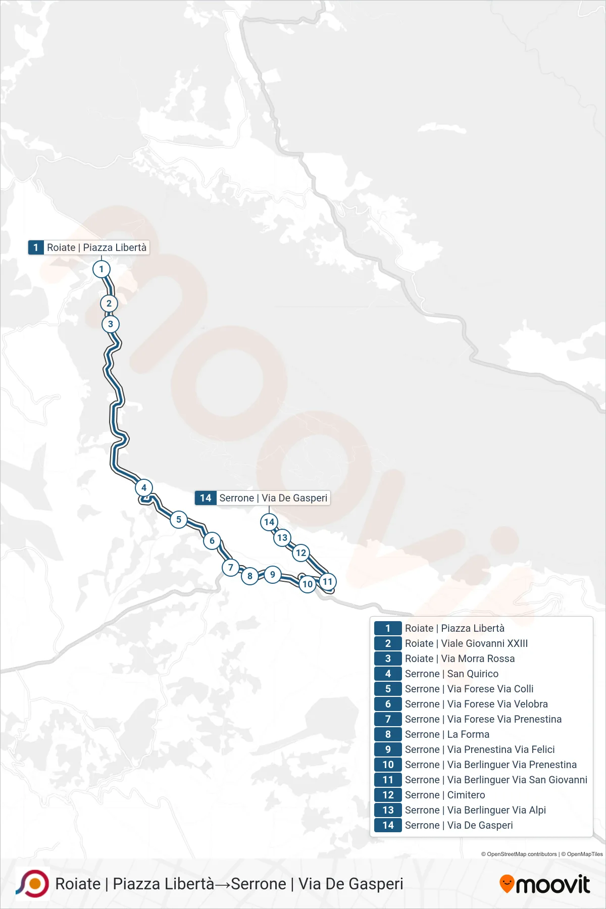 Linea COTRAL bus (Roiate | Piazza Libertà→Serrone | Via De Gasperi) - Percorsi e fermate sulla mappa