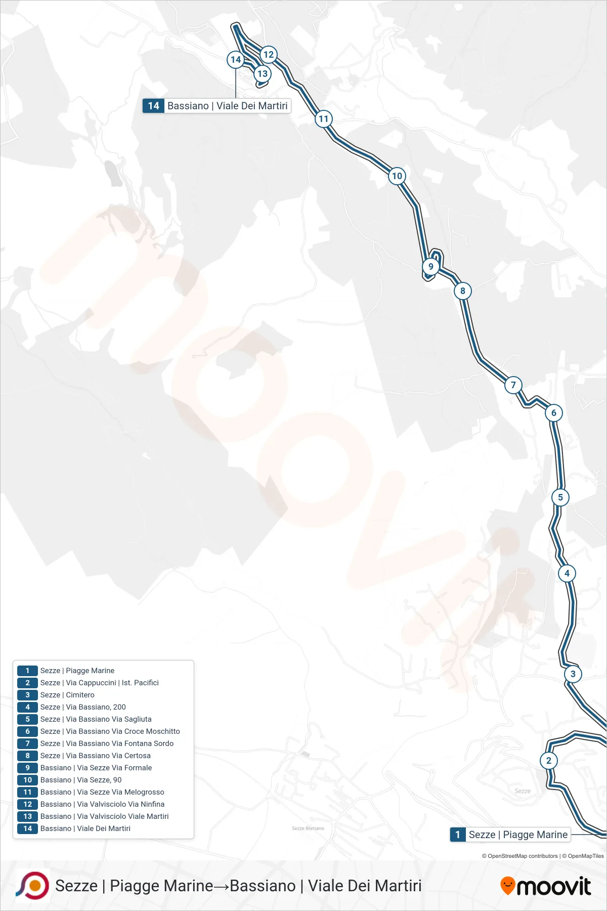 Linea COTRAL bus (Sezze | Piagge Marine→Bassiano | Viale Dei Martiri) - Percorsi e fermate sulla mappa