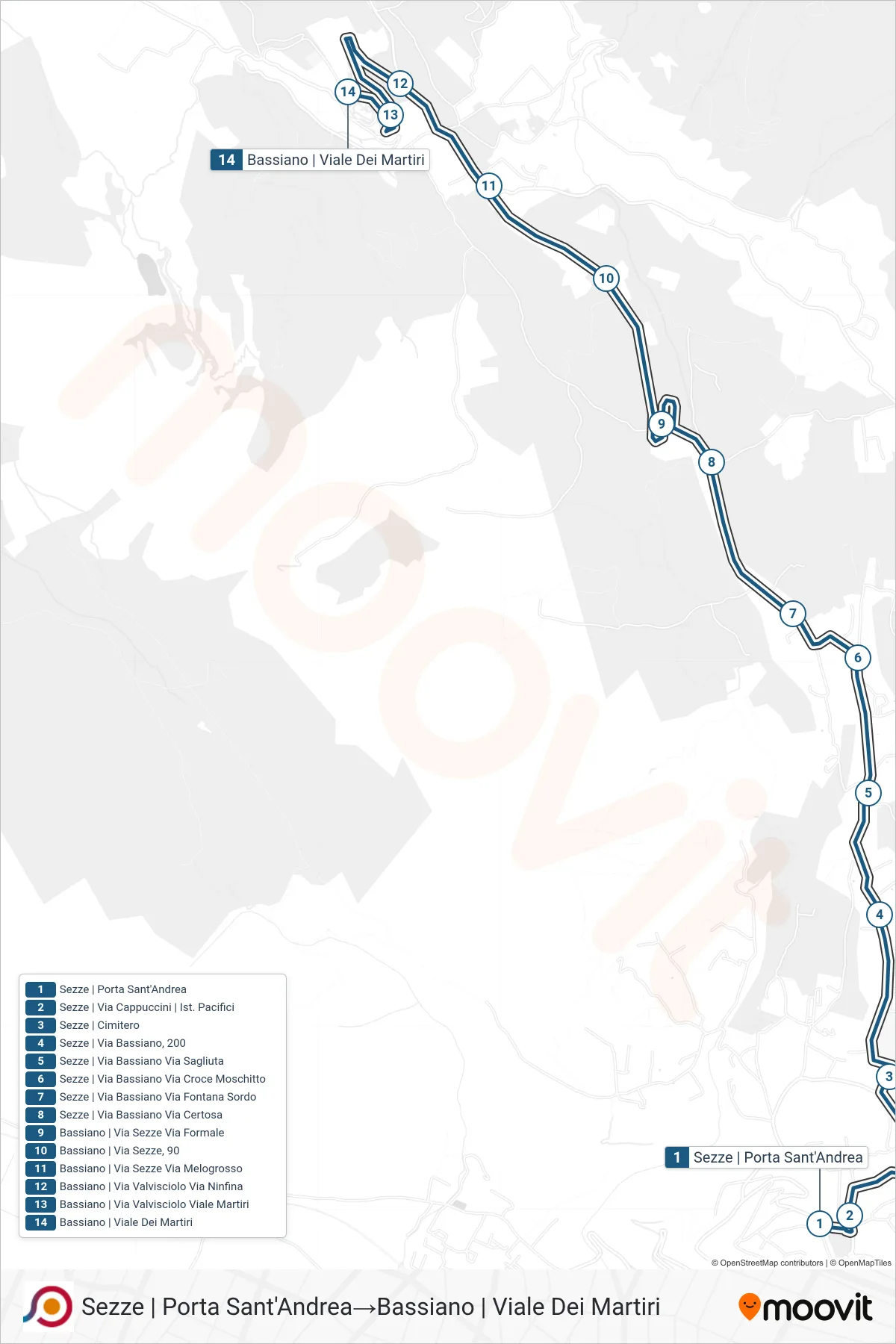Linea COTRAL bus (Sezze | Porta Sant'Andrea→Bassiano | Viale Dei Martiri) - Percorsi e fermate sulla mappa