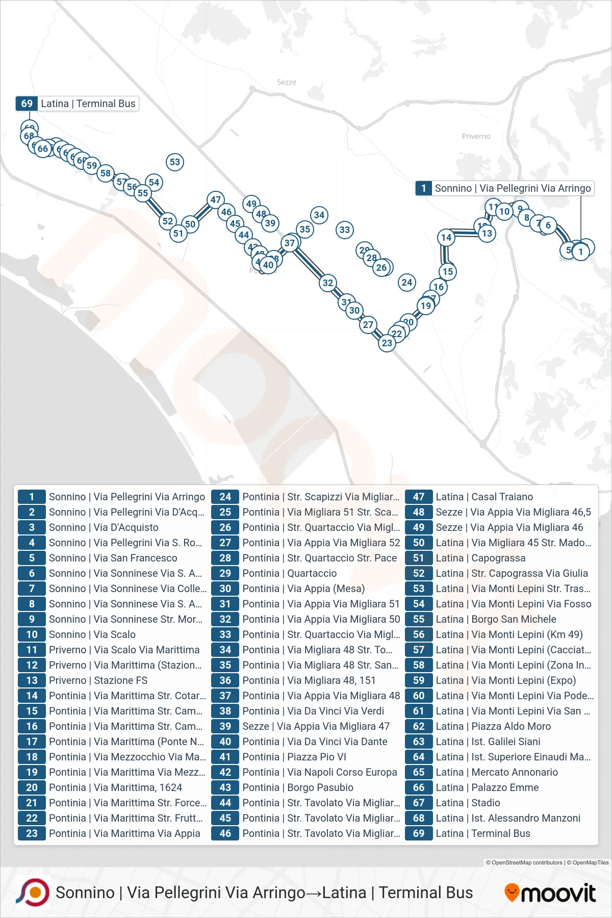 Linea COTRAL  bus (Sonnino | Via Pellegrini Via Arringo‎→Latina | Terminal Bus) - Percorsi e fermate sulla mappa