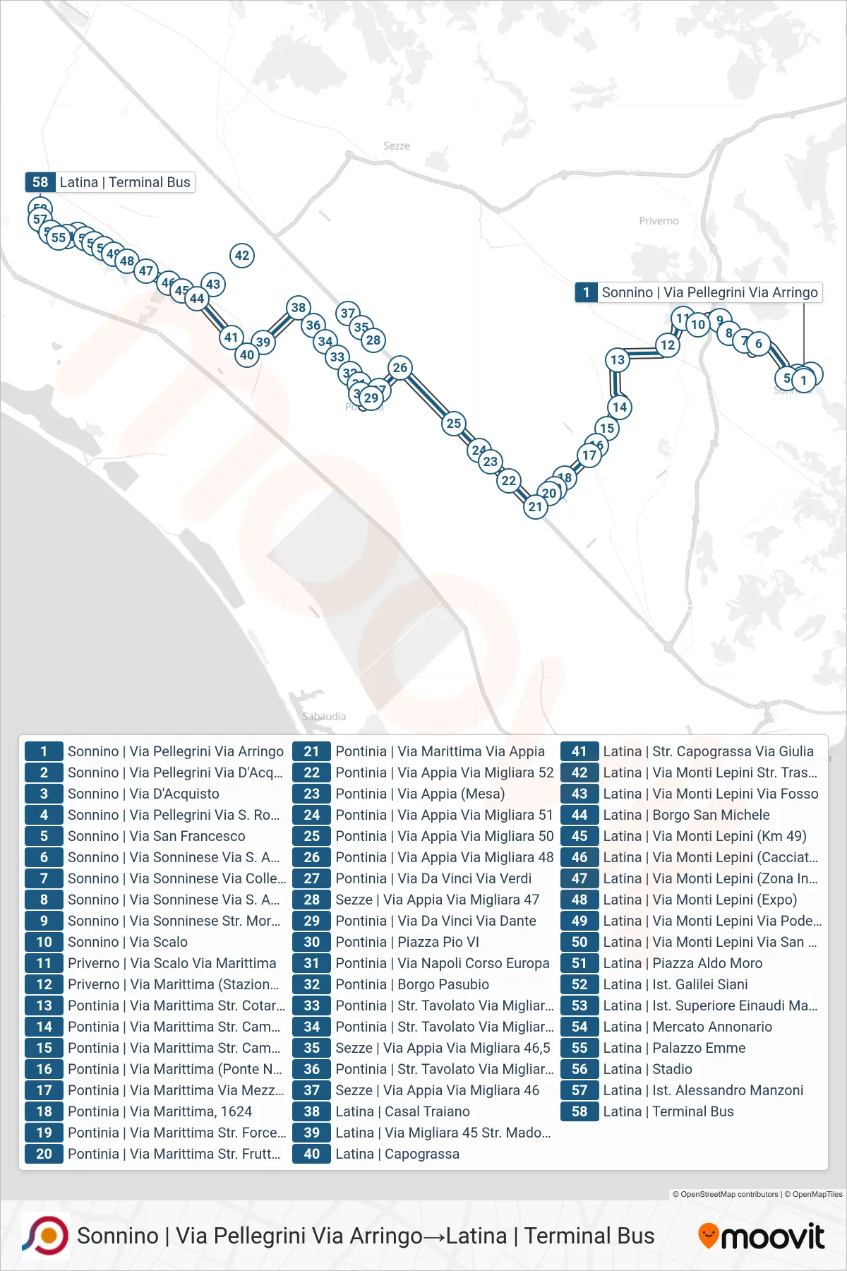 Linea COTRAL bus (Sonnino | Via Pellegrini Via Arringo→Latina | Terminal Bus) - Percorsi e fermate sulla mappa