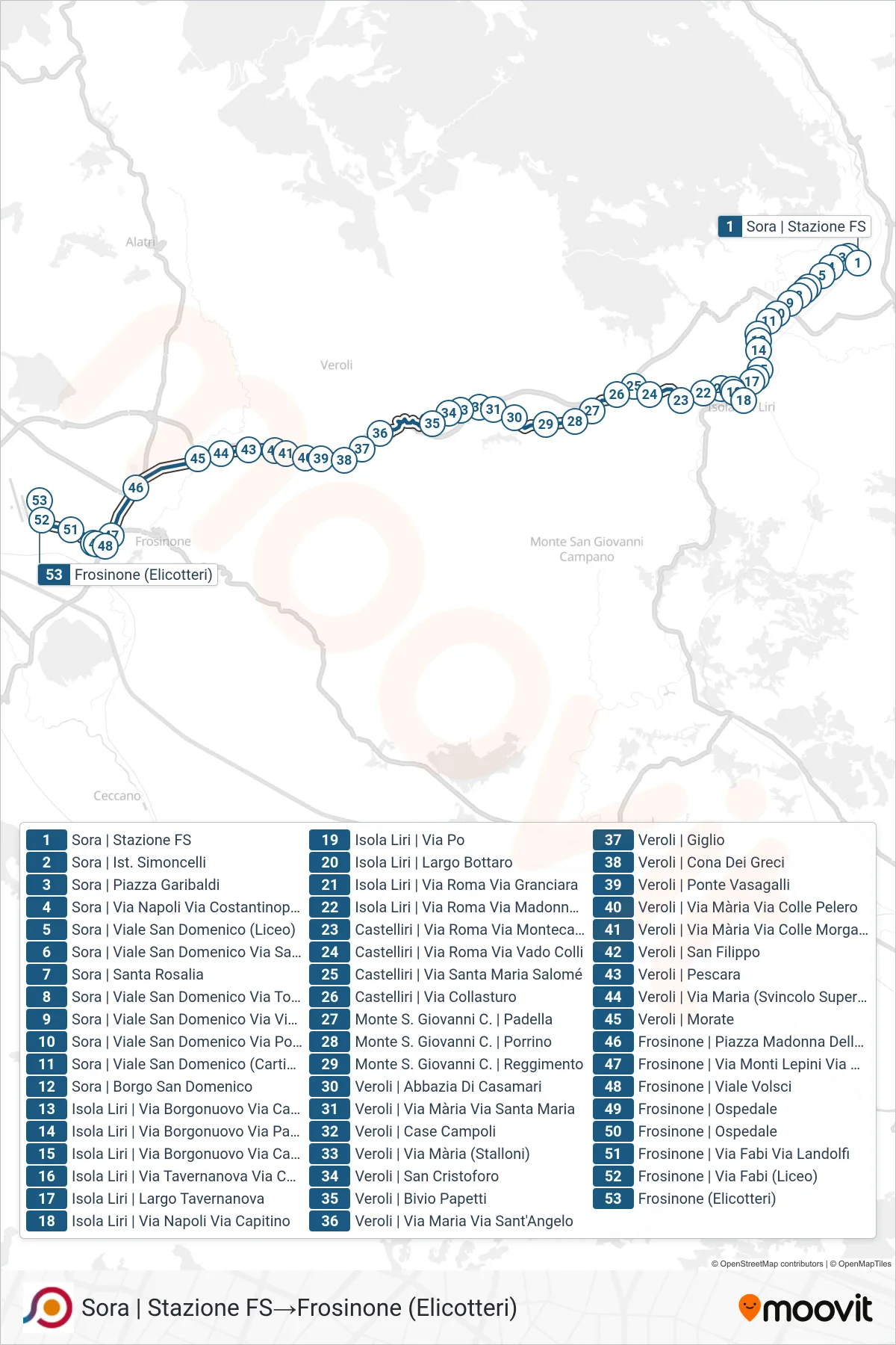 Linea COTRAL bus (Sora | Stazione FS→Frosinone (Elicotteri)) - Percorsi e fermate sulla mappa