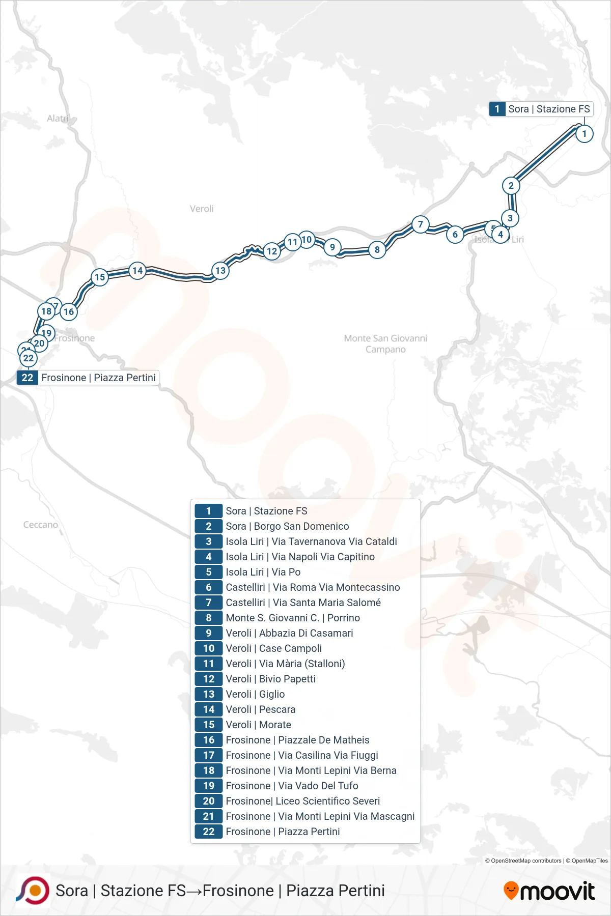 Linea COTRAL bus (Sora | Stazione FS→Frosinone | Piazza Pertini) - Percorsi e fermate sulla mappa