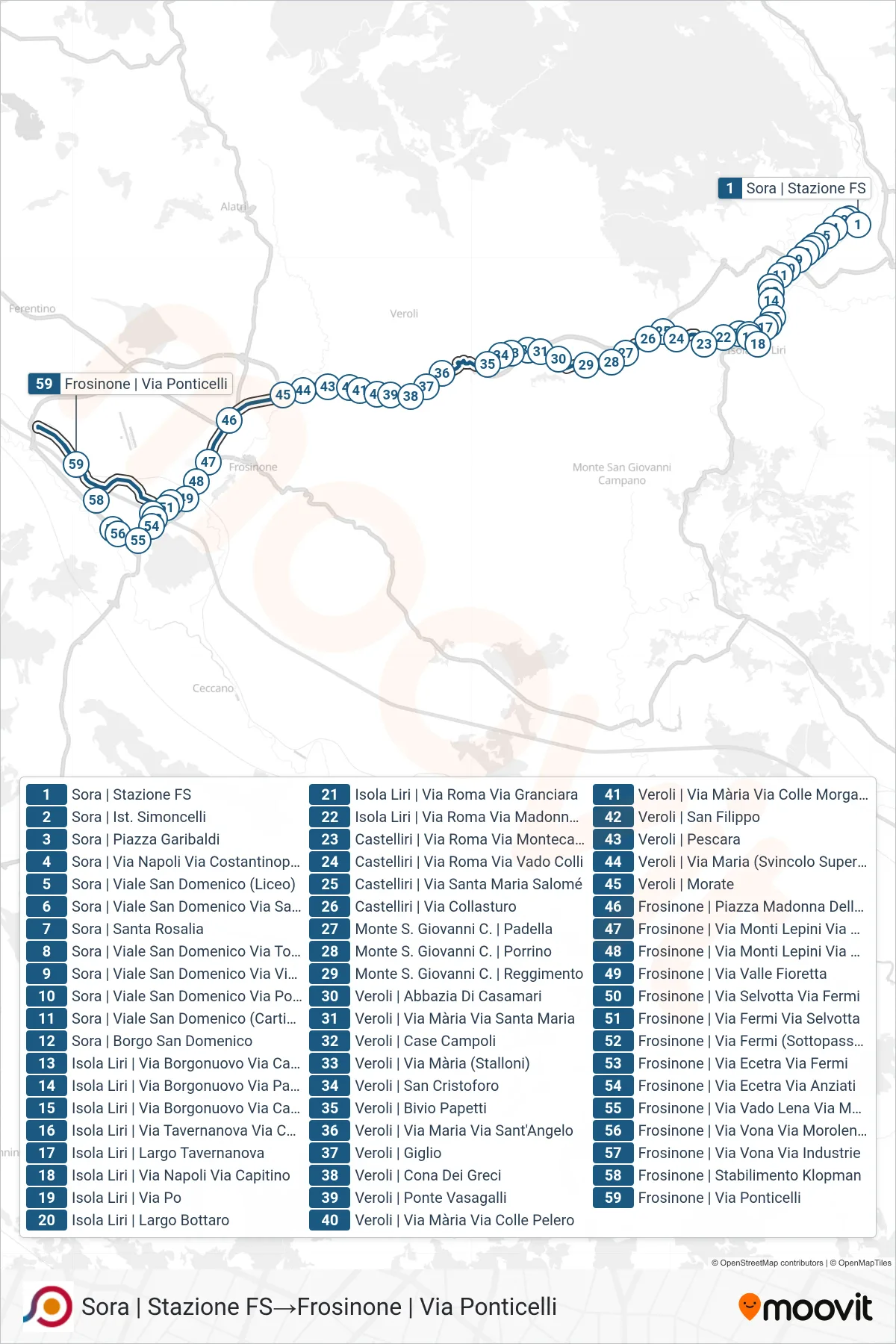 Linea COTRAL bus (Sora | Stazione FS→Frosinone | Via Ponticelli) - Percorsi e fermate sulla mappa
