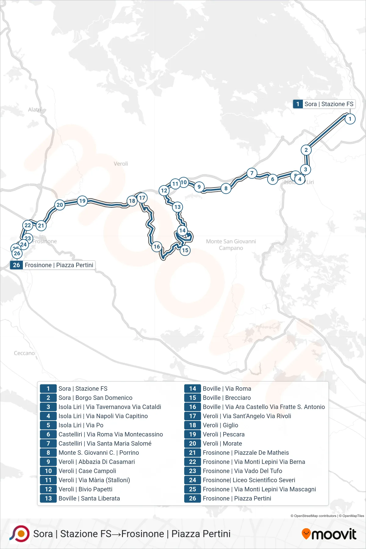 Linea COTRAL bus (Sora | Stazione FS→Frosinone | Piazza Pertini) - Percorsi e fermate sulla mappa