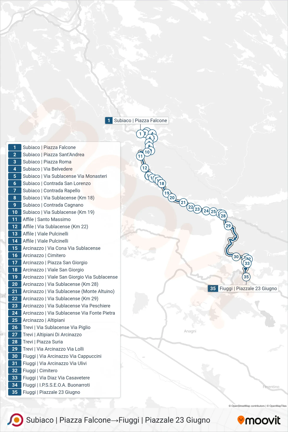 Linea COTRAL  bus (Subiaco | Piazza Falcone‎→Fiuggi | Piazzale 23 Giugno) - Percorsi e fermate sulla mappa